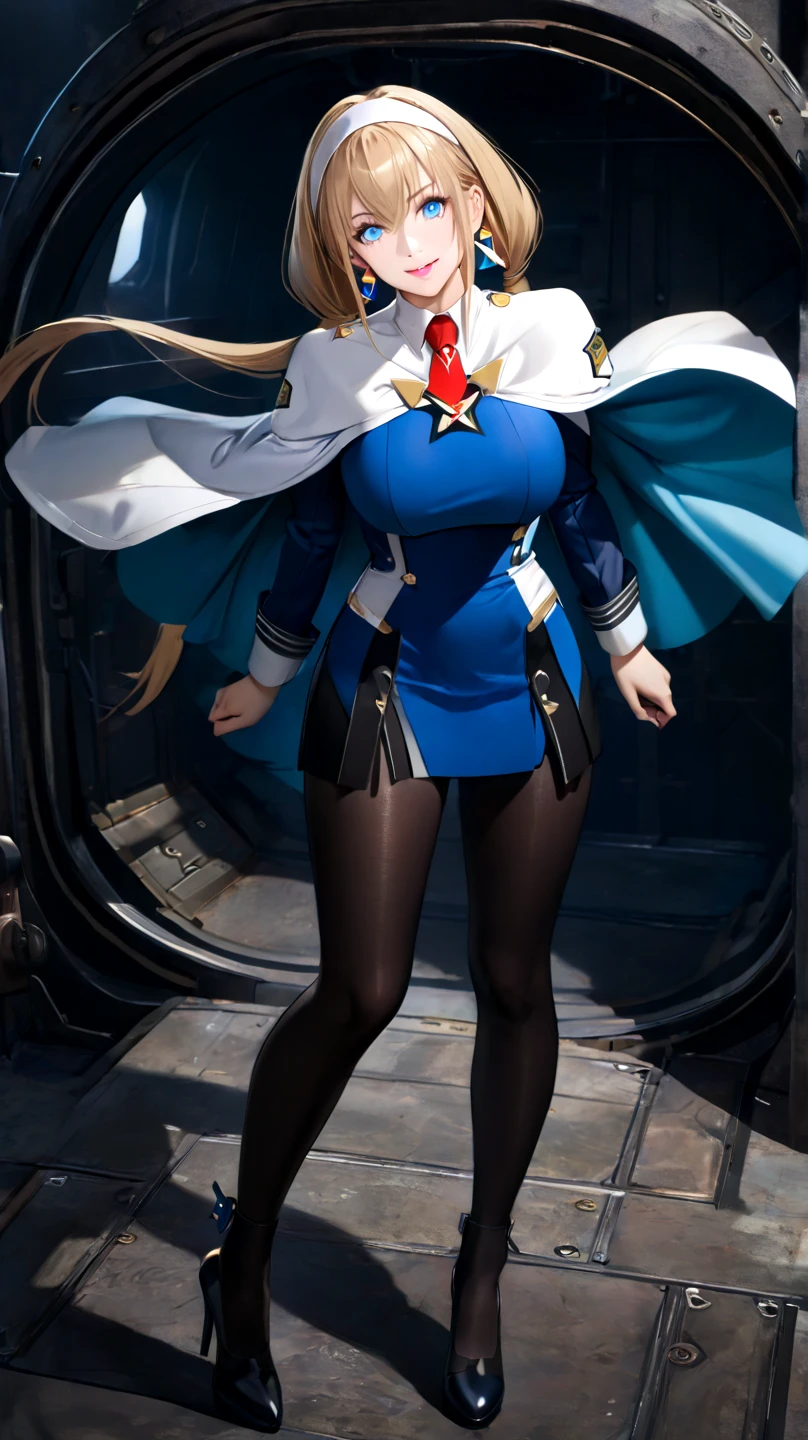 giantess art, highly detailed giantess shots, giantess, most detailed, perfect face, Two legs, Five fingers, A beautiful girl who is bigger than a skyscraper, Wearing rimless glasses, smile, huge breasts, blue base and white accents magical girl dress, bow, magical girl, holding a magical wand, black pantyhose, blue stiletto heels, thunderbolt from a magical wand, Destroying cities, Under heavy attack, A very small big city, Miniature metropolis, Full body description, GTS, giga giantess, stomping city, crash city, tiny city, micro city, pantyhose feet, High resolution, highest quality, masterpiece, 