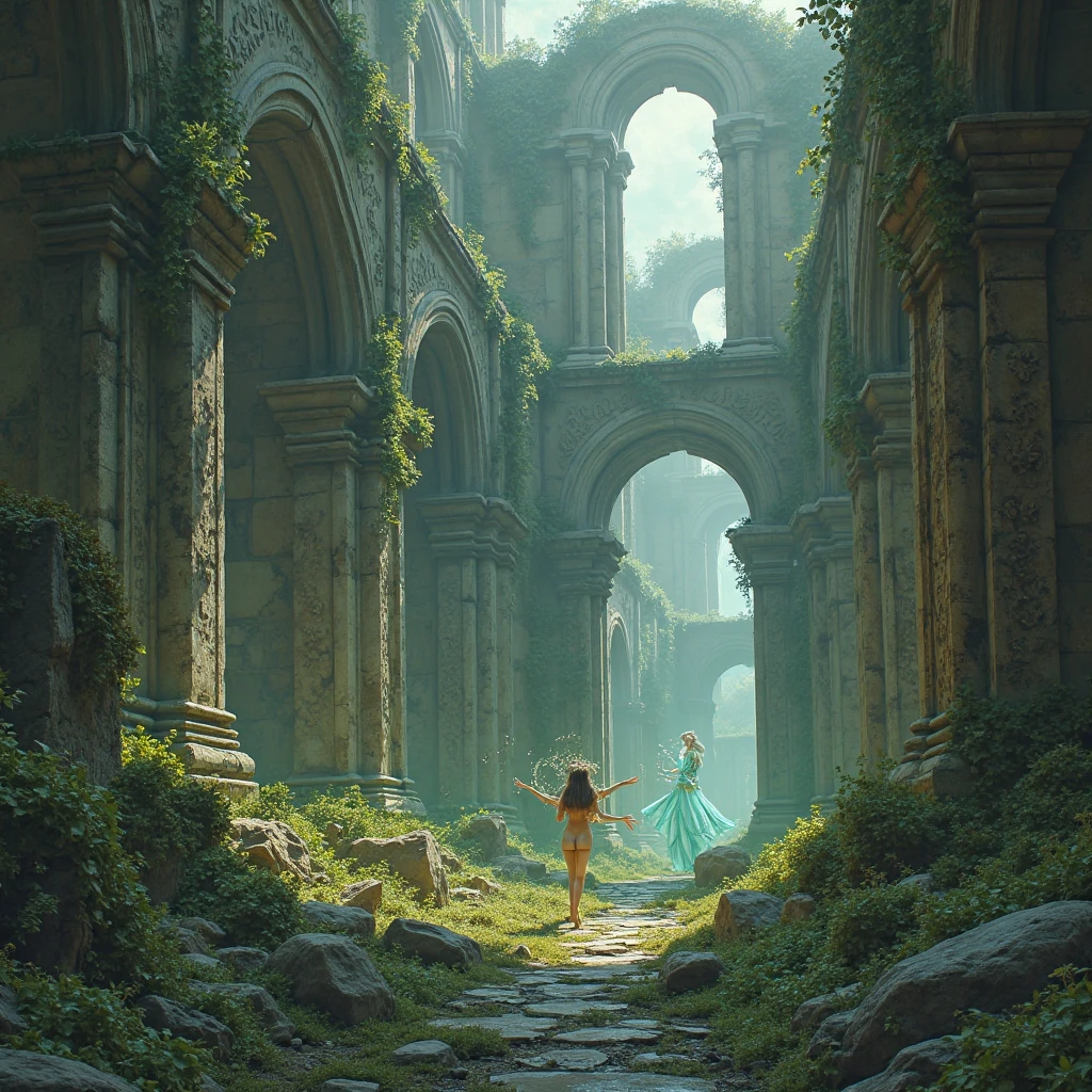 Painting: An enchanting artwork portraying a girl wearing silk, standing at the edge of a mystical pool, surrounded by swirling enchantments, with the distant planet casting an ethereal light upon her.