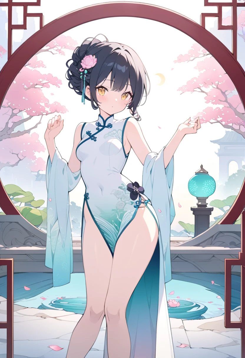 Personification of water lily flowers、wearing kimonos、adult lady、Frame Shrine、Decorative panel、abstract art、By Alphonse Mucha (masterpiece、top-quality、hight resolution: 1.4)、More about realism、intricate-detail、4K、color splashes、line-drawing、Fibonacci、Tarot Cards