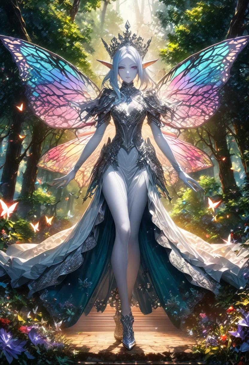 draw the queen of spirits,white skin type,perfect face,pointed ears,elf elements,Queen's tiara made of silver,noble and beautiful,confident look,long silk dress,fairy wings,perfect proportions,(Perfect Anatomy: 1.3),zoom out,show the whole body,use magic,elegant,artwork,rendering,dynamic pose,(highest quality:1.4),(Super detailed:1.5),High resolution,Very detailed,unity 8k wallpaper,Wind,fairy forest,shining butterfly,anatomically correct