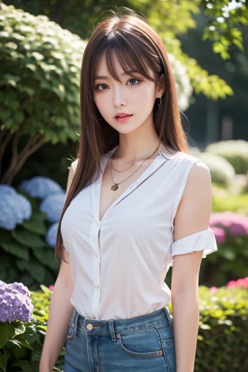 An innocent 20-year-old girl、((White vest, Dramatic Pose)),smile,Shortcuts,nature Park、Original photo, (8k、Highest quality、masterpiece:1.2)、(Intricate details:1.4)、(realism:1.4)、Octane Rendering、Ultra-detailed and intricate 3D rendering, Studio Soft Light, Edge Light, Vivid details, Very detailed, Realistic skin texture, Detailed face, Beautiful details in the eyes, Very detailed CG Unity 16k 壁紙, cosmetics, (Detailed Background:1.2), Glowing Skin, whole body、Cleavage,((Stand with hands clasped behind one&#39;s back、Leaning forward、Top view))