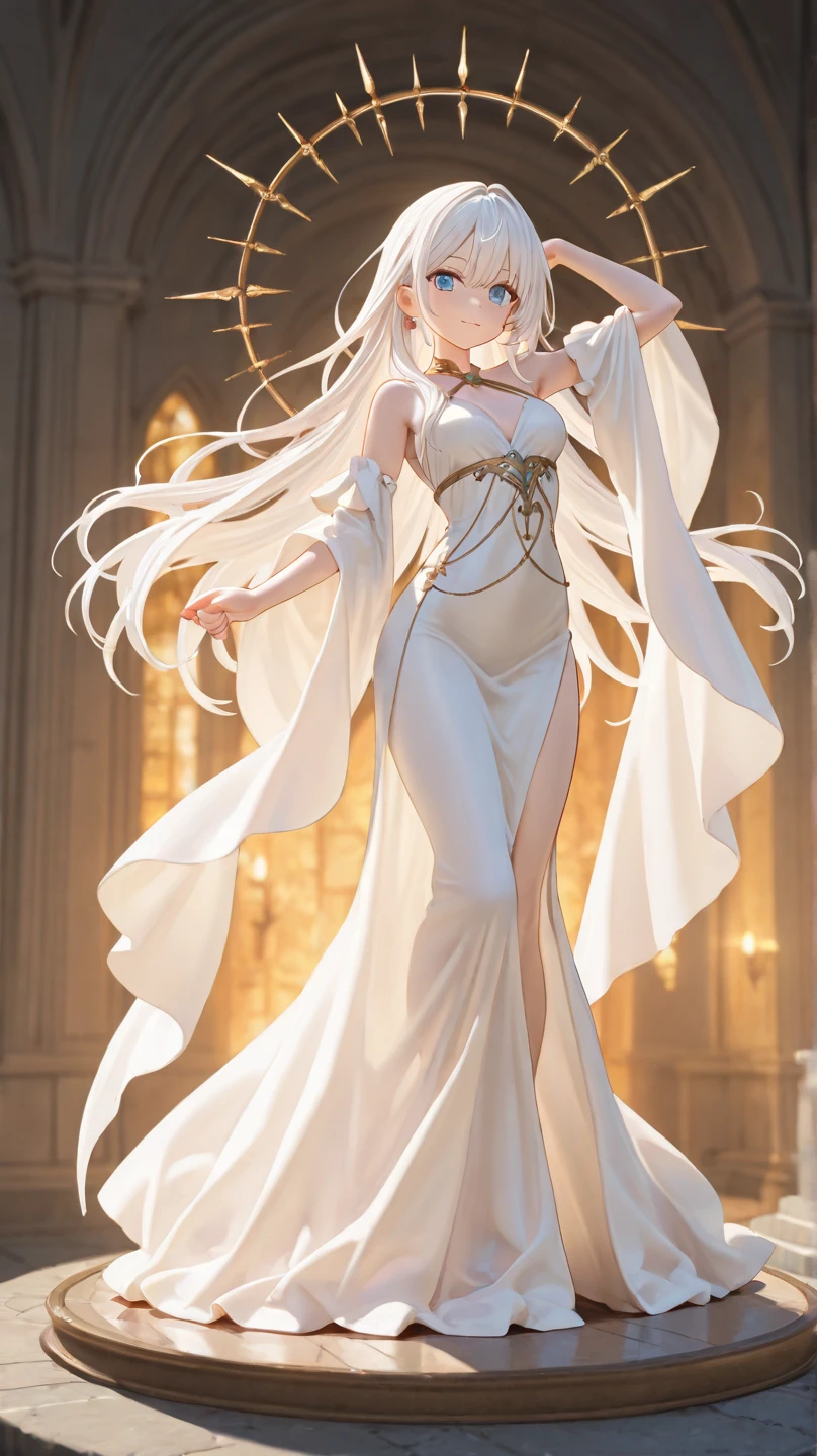 A beautiful young woman with long white hair, pointed ears. She is wearing a white dress with long sleeves and a high neck. White roses surround her, pink skin tone, yellow eyes. In the background, white roses, full body. Extremely detailed, high-quality, hyper-realistic masterpiece photography.