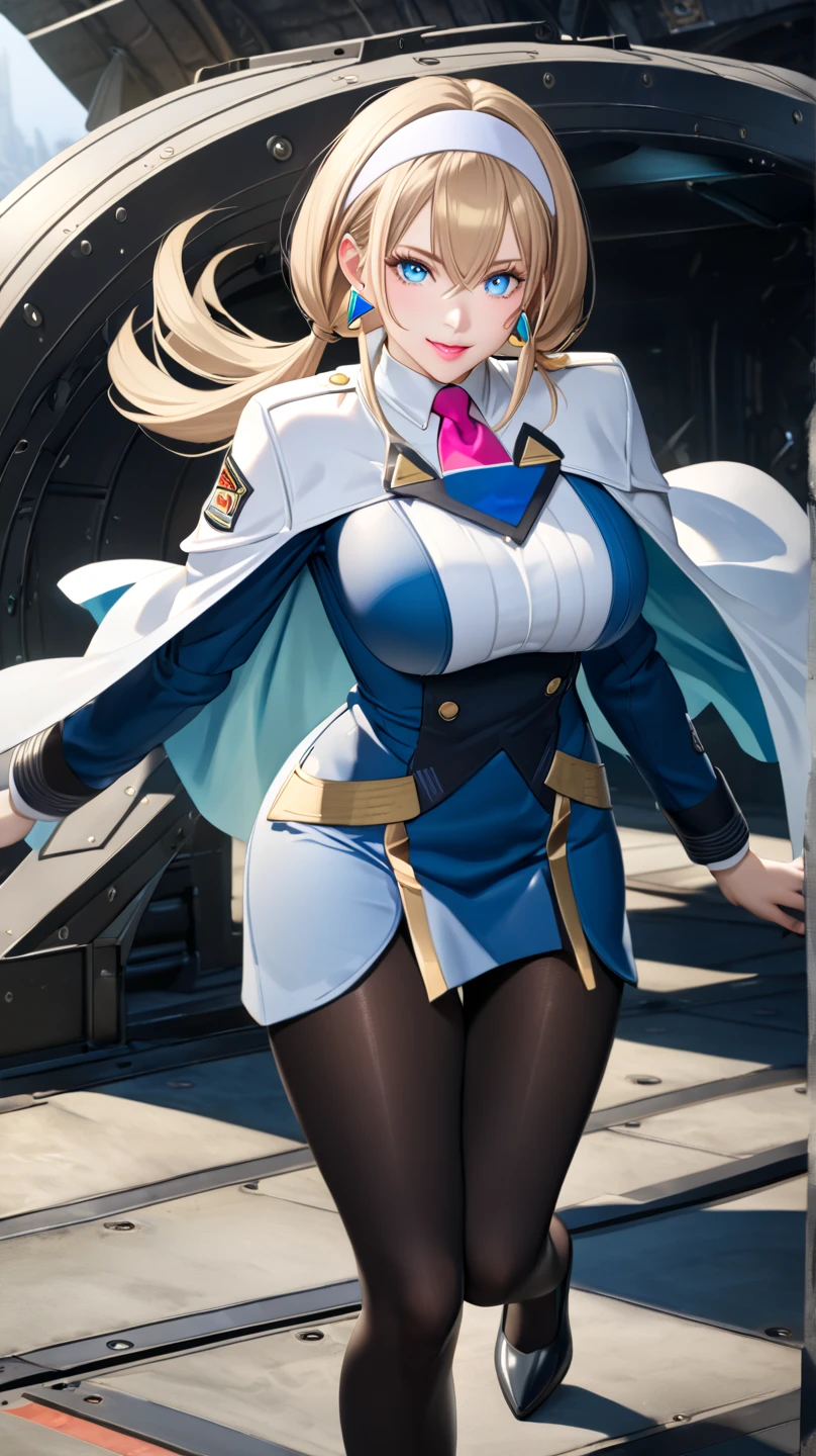 DLDL water ice tray, 1 girl, alone, blue hair, blue eyes,skirt,Single thigh high,thigh strap,long sleeves,Clothes tailoring, Capulet, Gloves, looking at the audience, city View, night, sensual female, hands on hips, Big breasts,big breasts,Show breasts,exposing her chest