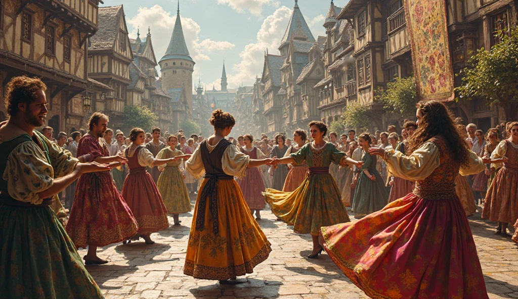 Several people dancing wildly in the middle of the street in the 1500s