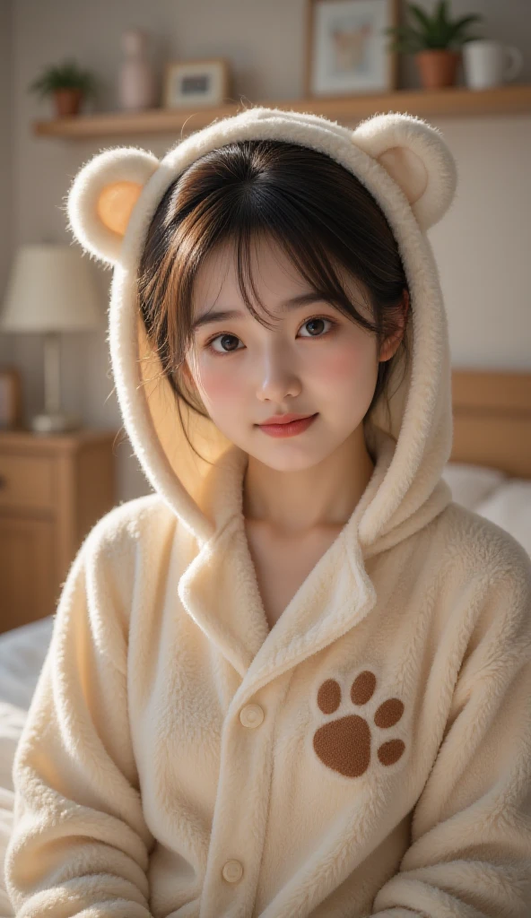 <lora:BearCostume-10:0.7>, bear costume, best quality, masterpiece, illustration, realistic, photo-realistic, amazing, finely detail, incredibly absurdres, huge filesize, ultra-detailed, highres, extremely detailed CG unity 8k wallpaper, (nsfw), (nude:1.2), close-up, A cute baby bear onesie pajama made of super soft light brown plush fabric with a fluffy hood. The hood is an adorable bear head with big sparkling eyes, a tiny nose, and a sweet smile. The front zipper is pulled completely open and down to the bottom, fully exposing the smooth glowing bare skin and natural feminine features of the young woman inside. She has an innocent and youthful face with chubby rosy cheeks. Her petite breasts with small pink nipples are fully revealed. Her hairless vulva is also completely visible. She has one leg raised playfully to accentuate the exposure. A beautiful young Korean woman with light natural makeup, shoulder-length black hair and a cute girlish expression is giggling while wearing the costume. She is posing playfully in a cosy pink bedroom filled with teddy bears, ribbons and flowers.