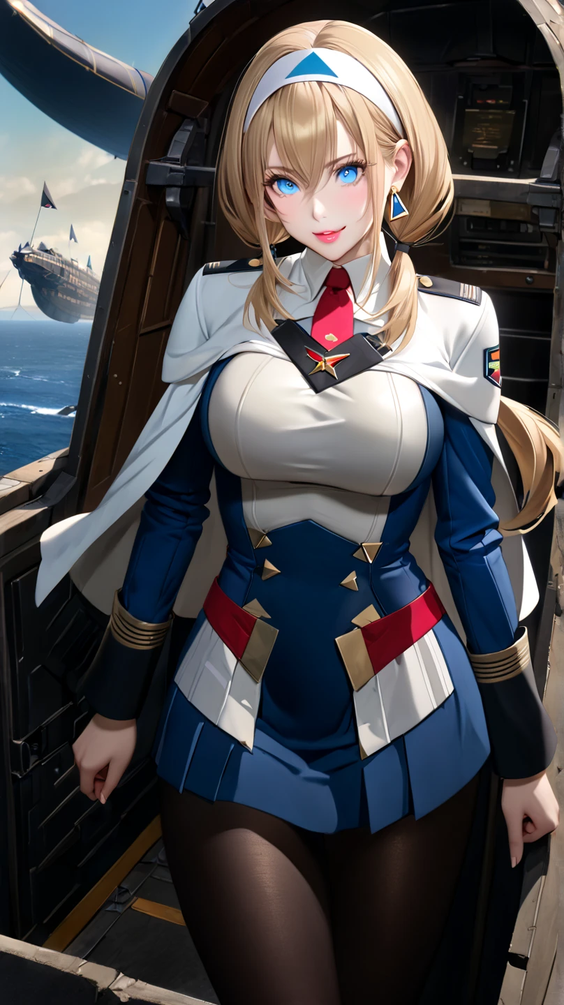 (UHD, retina, masterpiece, accurate, anatomically_correct, textured_skin, super_detail, high_details, high_quality, best_quality, high_res, 1080P, HD, 4K, 8k, 16k), (beautiful_detailed_eyes, beautiful_detailed_lips, extremely_detailed_eyes_and_face), soft_lighting, physically-based_rendering, vivid_colors, (large_breasts:1.5), (shiny_hair, shiny_skin, tanned_skin, blush), (bangs:1.5), eye_reflection, (bokeh, cockpit, science_fiction), smile_and_laugh, (military_cap, military_uniform_coat, rank_insignia, waving, stretch_out_your_right_hand:1.5),