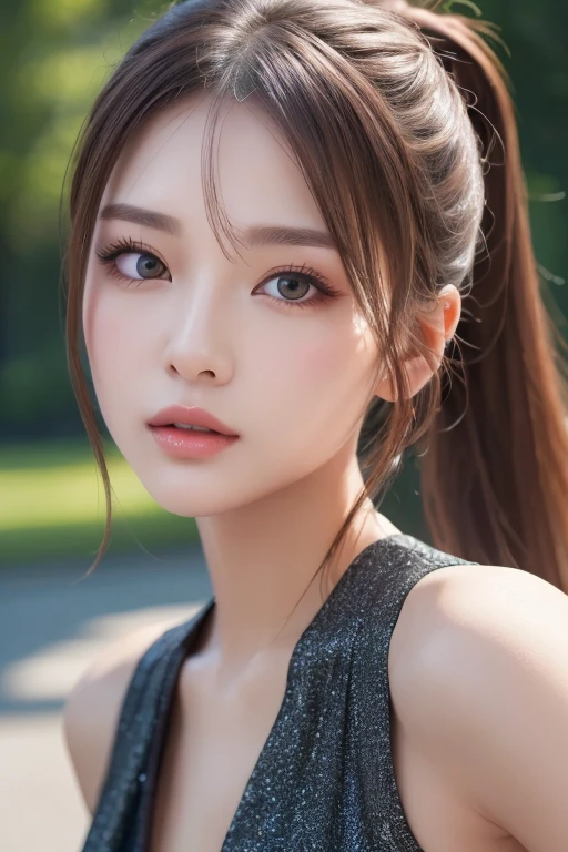 Beautiful woman, ponytail, Highly detailed face, Very fine eye, double eyelid, Ultra-detailed lips, resolution.Photorealistic: 1.4, Super high resolution, masterpiece, Attention to detail, high quality, 最high quality, highresolution, Realistic:1.5, Outdoor,
