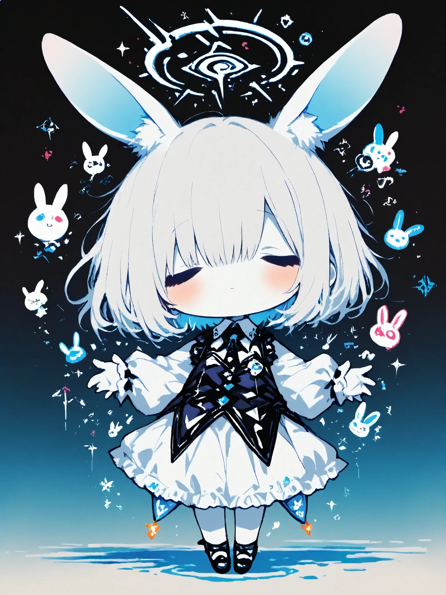 illustration, best quality, dramatic lighting,trk, 1chibi character\(short hair, bunny ears, closed eyes,white skin,peaceful expression,hzk,solo,gentle glow, gradient background, gray and soft blue and soft pink,best quality,magical realism style