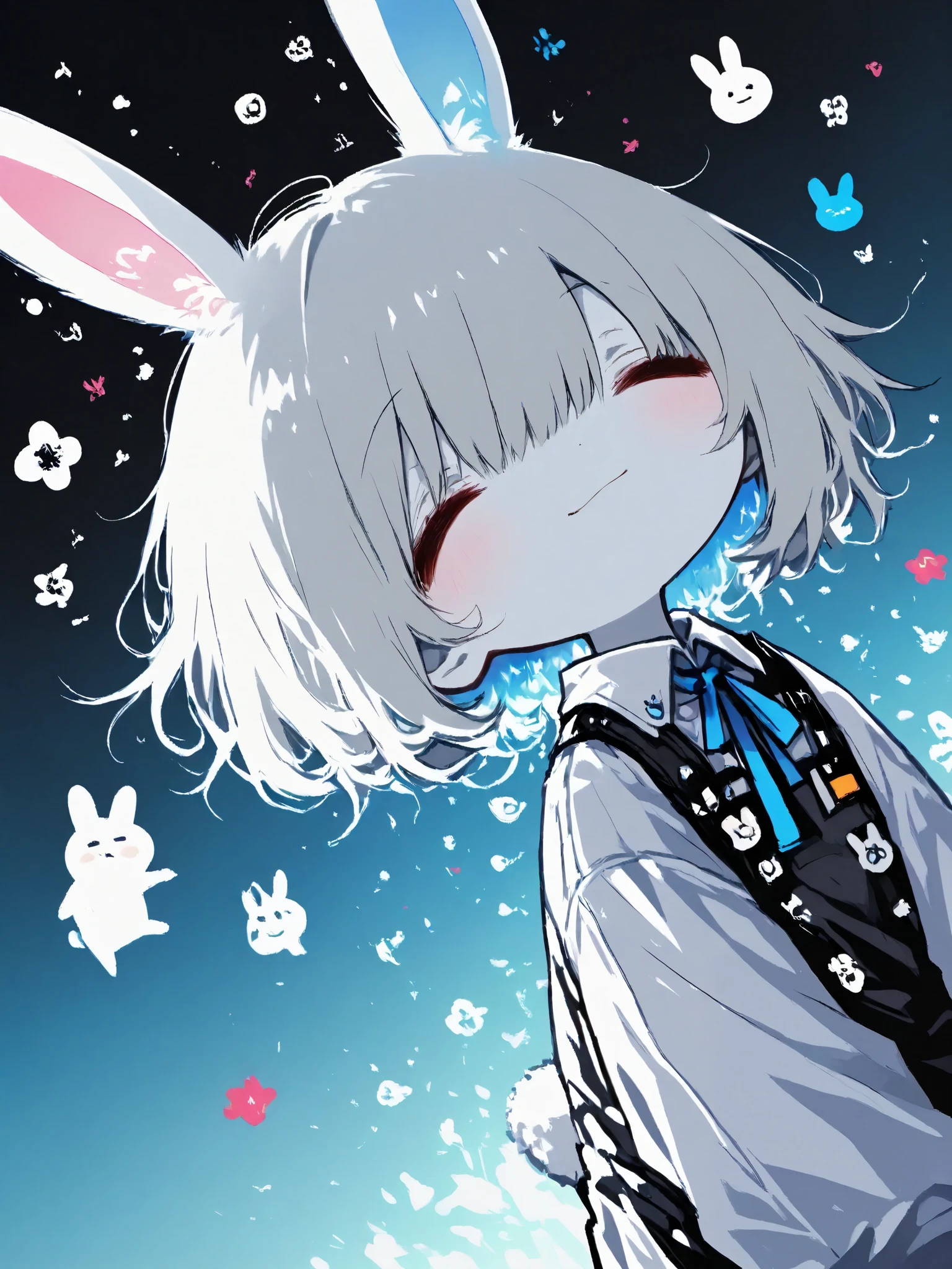 illustration, best quality, dramatic lighting,trk, 1chibi character\(short hair, bunny ears, closed eyes,white skin,peaceful expression,hzk,solo,gentle glow, gradient background, gray and soft blue and soft pink,best quality,magical realism style