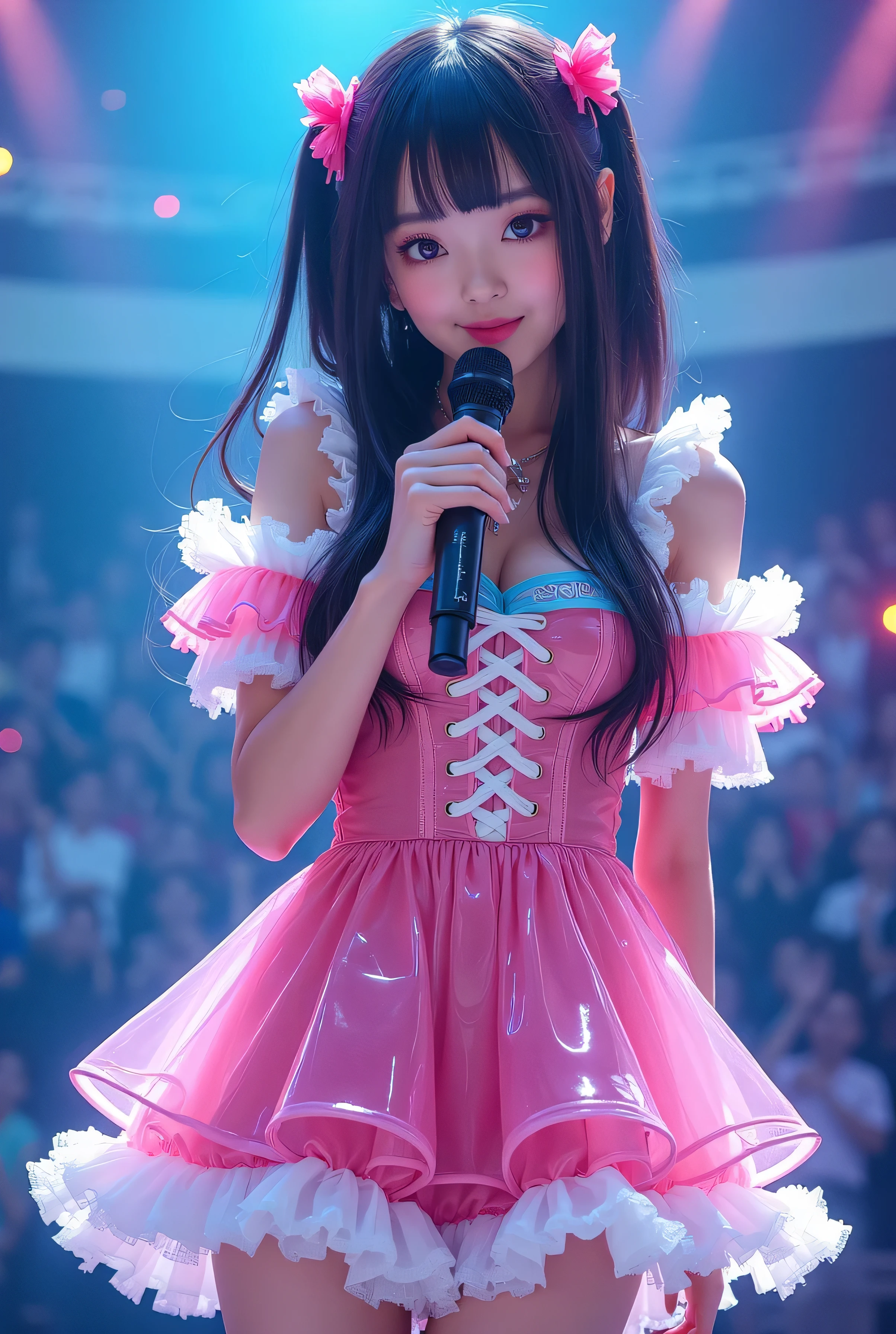Create a highly detailed, realistic image of a young woman with long, dark hair styled with two small pink bows on either side. She is wearing a vibrant and transparent shinning glossy pink short dress that has a layered, frilly design with white ruffled edges on the sleeves and neckline. The dress has intricate lace-up details on the front, with white ribbons crisscrossing over the bodice. A large, white bow is tied around her waist, and the skirt is layered with multiple ruffles, alternating between white and pink frills. The upper part of the dress has a mix of white and blue accents, especially around the shoulders, giving it a lively, idol-like appearance. The girl’s expression is cheerful and playful, with a radiant smile, captured both in performance and posing with a slightly pensive look. Ensure that her outfit appears shiny and glossy, reflecting stage lights, and incorporate a vivid, performance-like atmosphere in the background. Some Lights shooting around, she hold microphone, head thighs portrait,
