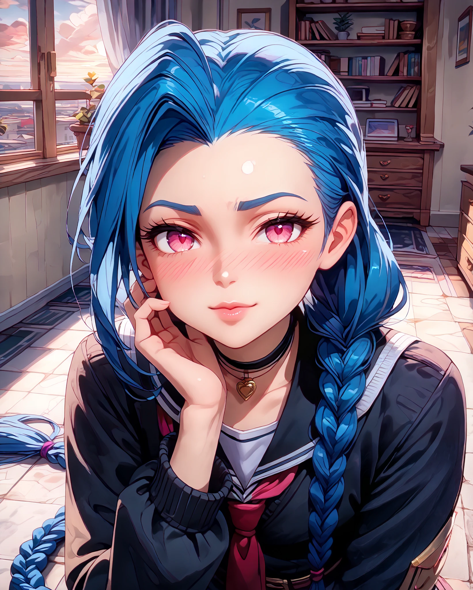 Close-up, Near distance, Score_9, Score_8_up, Score_7_up, Score_6_up, Score_5_up, Score_4_up, Tag1, Tag2, Quality_masterpiece, Absurd res, Anatomically correct, Beautiful face, Perfect face, Highly detailed beautiful face and eyes, Attractive face, Detailed face, Delicate facial features,high detail face, Detailed skin, hyper realistic ,high definition detail, Amazing work , wallpaper, screencap, masterpiece, high resolution, best quality ,8k ( Jinx from league ) (Blue Hair) (Black clothes) (pink eyes) (long hair) (school girl uniform) braided hair, 1girl, look at you, look of disinterest, room, rooftop, midnight, , blushing, ebarrasing, alone, high purity eyes, kissing , look of disinterest, thinking, look at you, mature, look of empowerment, (love blush:1.5) half closed eyes, serious, stroking with her own hair, full body,2 arms, 2 fingers