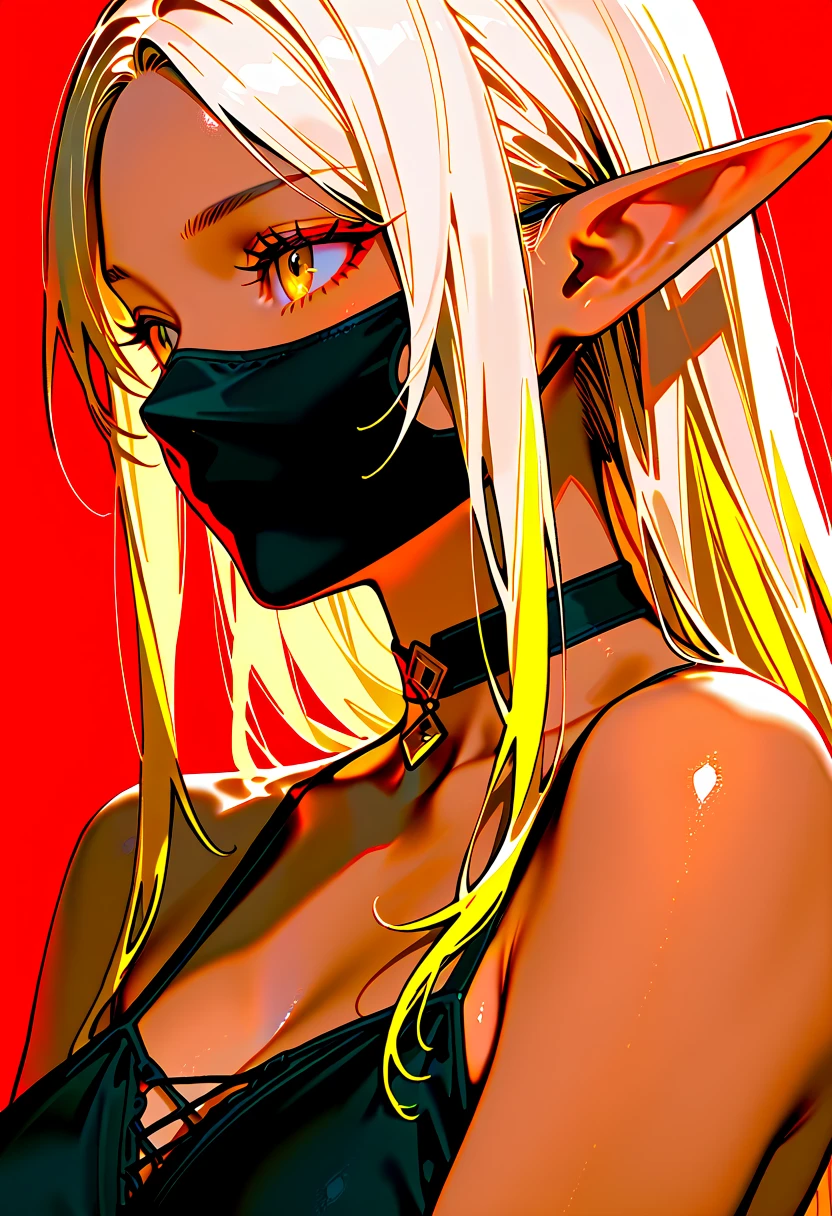 Crimson and black ink painting, perfect face, gothic, solo 1girl, bondage outfit, solo, spikes, spiked collar, black flower, whip, collar, hair ornament, long white hair, heart, thigh highs, huge breasts, bdsm bikini, bondage straps , gloves, holding whip, monochrome, (mouth mask:1.5), looking at viewer, navel, DO-S from manga "one punch man”, medium shot, art by Yusuke Murata, manga style, (embedding:art,rfktr_bwmnga1.4)