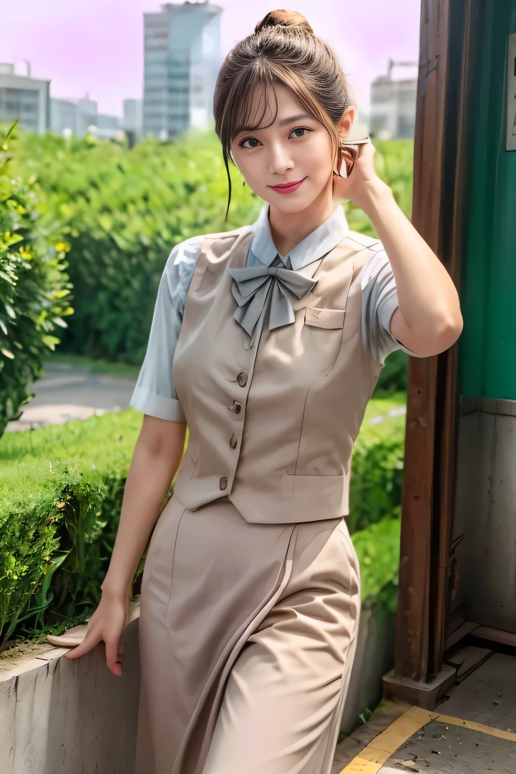 (masterpiece:1.2, Best Quality:1.2), 32kHDR, Hi-Res, (alone、1 girl)、(Rooftop of a building during the day、professional lighting)、Building rooftop background、(JR WOMAN TRAIN CREW UNIFORM BEIGE REAL STYLE)、((JR Woman Train Crew Uniform Beige Light Blue Blouse Short Sleeve 、 above knee culotte skirt、 beige vest、 scarf))、dark brown hair、(long hair、 with hair tied up、 with hair tied up)、dark brown hair、Long Hit、big breasts、 Read more、(( amazing hands:2.0)),((A harmonious body shape:1.5)),((Normal limbs:2.0)),((Usually refers to:2.0)),(( Delicate Eyes:2.0)),((Normal eyes:2.0)))、smile、(JR Woman Train crew uniform beigeのabove knee culotte skirtを見せた美しい立ち姿)、Hands clasped underneath