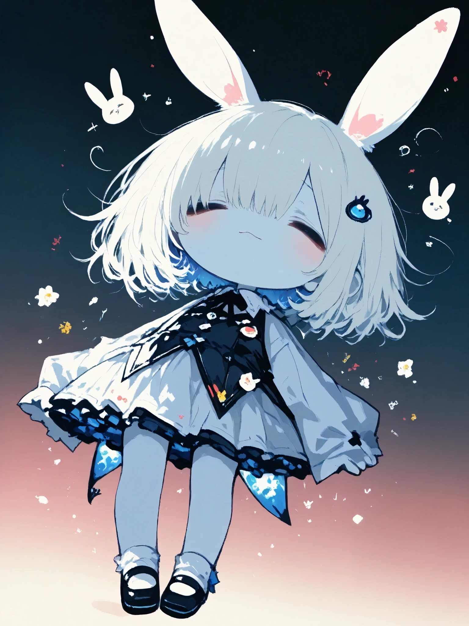 illustration, best quality, dramatic lighting,trk, 1chibi character\(short hair, bunny ears, closed eyes,white skin,peaceful expression,hzk,solo,gentle glow, gradient background, gray and soft blue and soft pink,best quality,magical realism style