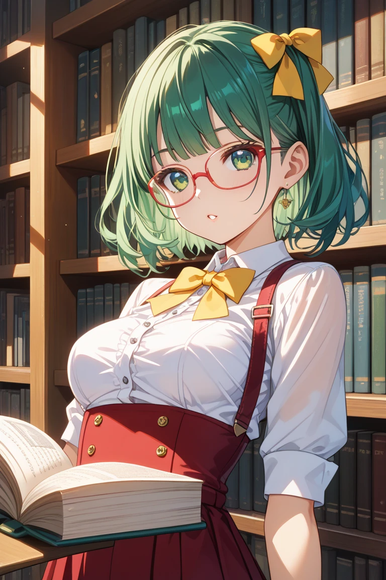 a 19 years old girl with huge massive tits, with green eyes and green hair, with glasses, french braid, wearing a shirt and skirt, with a happy face with a blush, holding a book