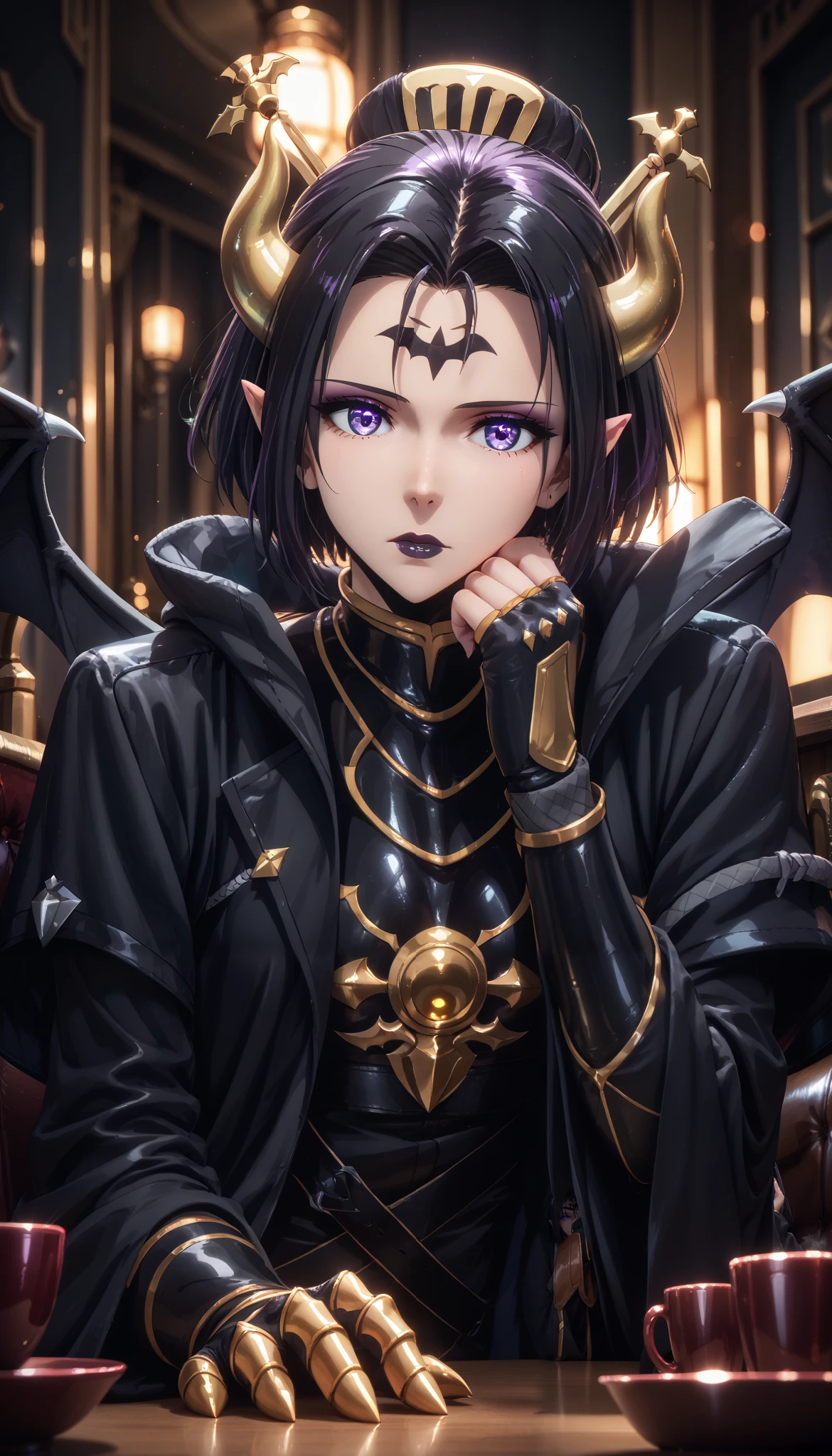 score_9, score_8_up, score_7_up, score_6_up, uncensored, lilithmon, black hair, forehead mark, horns, demon wings, hair ornament, gauntlets, black lipstick, purple eyes, BREAK (masterpiece:1.2), best quality, high resolution, (detailed eyes:1.3), perfect lighting, (perfect hands, perfect anatomy), elbow gloves, head rest, table, cup, black coat, gloves, bokeh, indoors, dim light, reflective, bored expression, looking down,