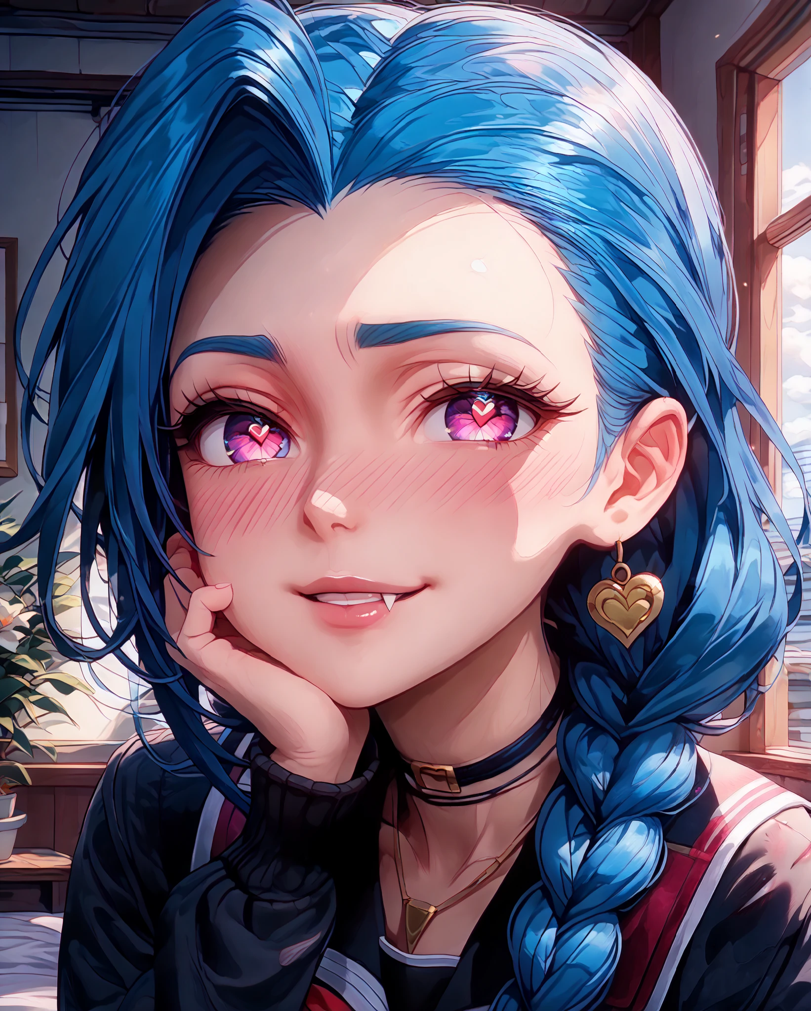 Close-up, Near distance, Score_9, Score_8_up, Score_7_up, Score_6_up, Score_5_up, Score_4_up, Tag1, Tag2, Quality_masterpiece, Absurd res, Anatomically correct, Beautiful face, Perfect face, Highly detailed beautiful face and eyes, Attractive face, Detailed face, Delicate facial features,high detail face, Detailed skin, hyper realistic ,high definition detail, Amazing work , wallpaper, screencap, masterpiece, high resolution, best quality ,8k ( Jinx from league ) (Blue Hair) (Black clothes) (heart eyes) (long hair) (school girl uniform) braided hair, 1girl, look at you, look of disinterest, room, rooftop, midnight, , blushing, ebarrasing, alone, high purity eyes, concentrated , look of disinterest, thinking, look at you, mature, look of empowerment, (love blush:1.5) half closed eyes, showing fangs, lewd smile, only face