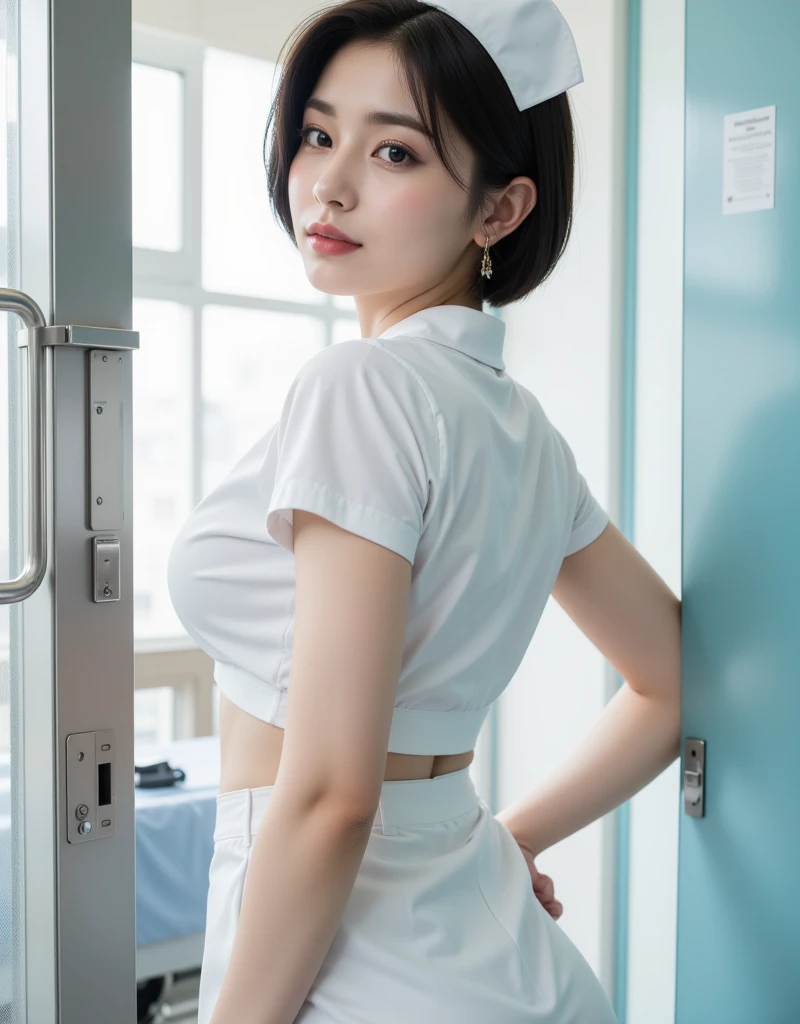 High angle lens，Center view，（RAW photos，Bestquality），（lifelike，Photorealistic：1.3 pcs），wide angle photograph，a masterpiece，2. Naked GirlNaked GirlNaked GirlNaked GirlNaked GirlNaked GirlNaked GirlNaked GirlNaked GirlNaked GirlBeautiful Nurse，Adorable，young，Perfect Body，Top Korean beauty，（All over body：1.3 pcs），photorealiscic face，Diffuse light，Create softness，Uniform glow in the hospital（（operating room）），Surgical gloves，Medical equipment，Anesthesia machine （Nurse uniforms are smooth、Cultivation：1.5，（（gaping、Fluoroscopy：1.5，Expose the chest：1.5））），Perfect breasts and buttocks:1.4 pcs，Slim legs:1.2、 Nurse、 Nurse cap、 stethoscope，（（（Black Stockings，Small, beautiful big breast，, White tender toes）））RAW photos， on top of bed， Top Quality， lifelike， lifelike， RAWExtremely detailed， Very refined and beautiful， Professional Lighting， lighting on face， Depth of field， Focus on the character， All over body：1.3 pcs， 2,,,, 0-year-old woman， Brown Hair， brown eye， small head， （（（Large,））），2,,, fashionGirl， Beautiful Eyes， Real face， Real skin， Real face， realistic skin， Detailed eyes，Double eyelidd，long eyelash ，Swollen eyes，Healing is a smile：1.5，Baring tongue，Take a stethoscope（Stylish and flowing short hair： 1.3 pcs）Model pose（All over body：1.5）