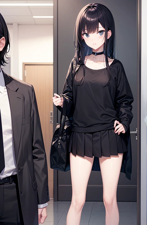 1boy,1girl in、Complete human body、​masterpiece, top-quality, hight resolution, 1girl in, Upper body peephole door, Open the door, doorways、beautiful  Girl、cute little、plain white wet oversized loose t-shirt、((sweat,steam,Lower grade)),Sneaky macho faceless man standing behind a girl and putting his hand on her shoulder、Tall dark-skinned man、Middle-aged man in bikini swimsuit、Man snickering、man with alcohol、