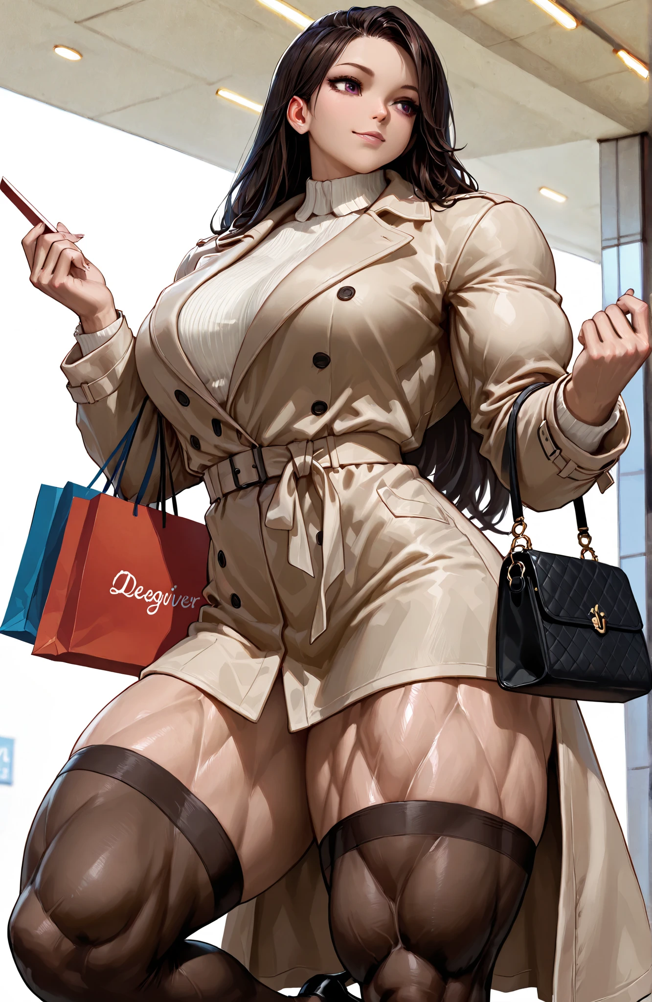best quality, masterpiece, ultra-detailed, 8k resolution, fashionable woman shopping, wearing a chic beige trench coat, black high heels, carrying a designer handbag, holding shopping bags, confident expression, white background, realistic lighting, detailed skin texture, modern urban style, cinematic composition, sharp focus, no blur, soft shadows,(hyper muscle,muscular female,muscular,thick thighs),thighhighs