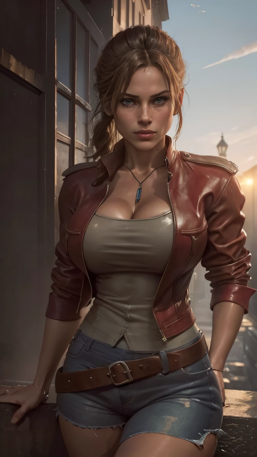 Claire redfield de resident evil,(meilleure qualité, 4K,8K,haute résolution,œuvre d'art:1.2)(météo: coucher de soleil), arrière-plan de ruines de la ville, commissariat, hanches larges, longs cheveux bouclés, cheveux attachés en queue-de-cheval courte, cheveux bruns, taches de rousseur, haut sans manches, veste rouge à manches courtes, short en jean bleu, collants, harnais, bottes hautes, maquillage léger, ombre à paupières foncée, pose de flirt, ultra détaillé,portrait,réaliste,beaux yeux bleus détaillés, lèvres détaillées magnifiques,œil et visage extrêmement détaillés, longs cils,moyenne, grosses poitrines,cheveux volants, sourire rayonnant, sourire sexy, fille puissante, de couleur vive, éclairage dramatique, fumée,