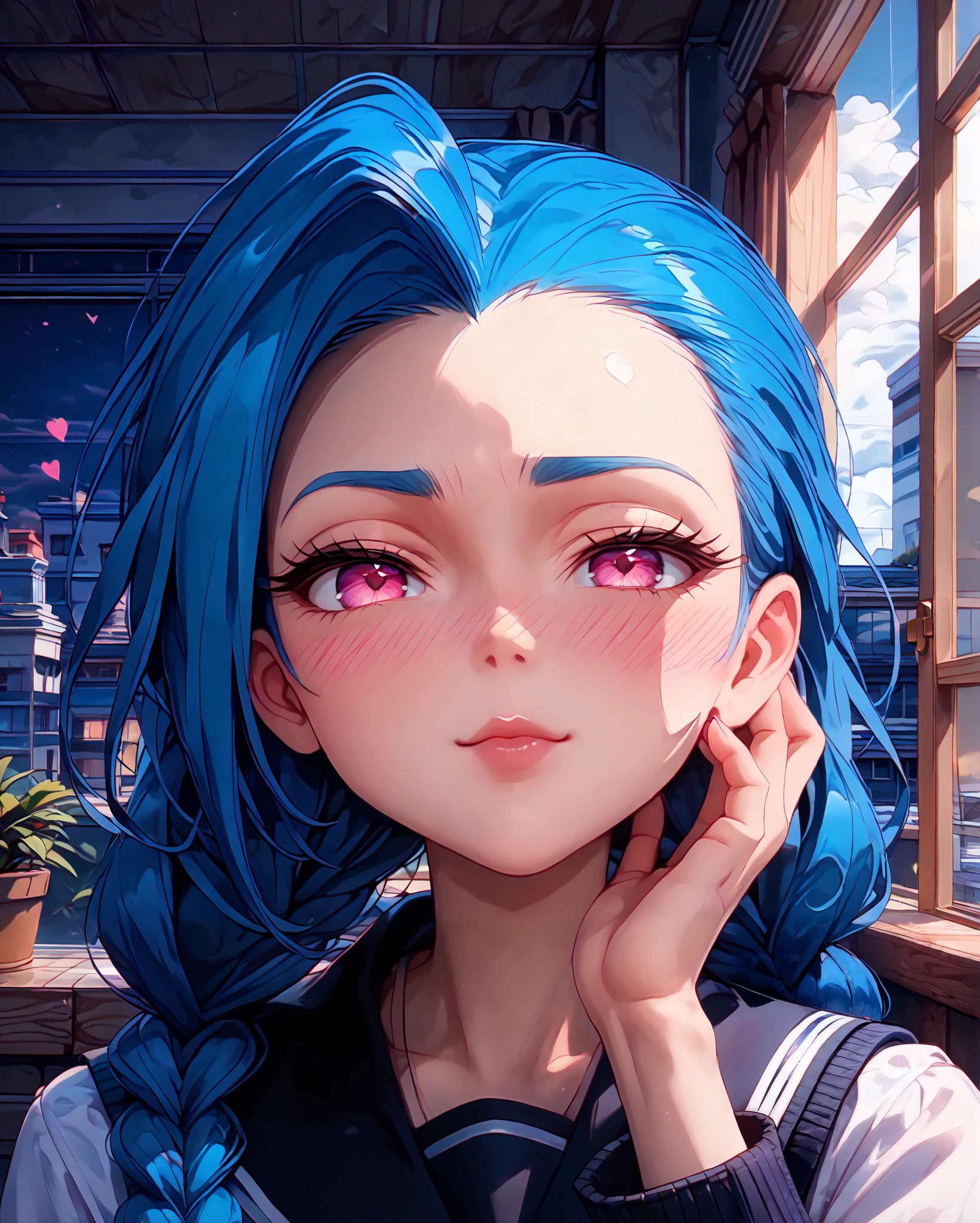 Close-up, Near distance, Score_9, Score_8_up, Score_7_up, Score_6_up, Score_5_up, Score_4_up, Tag1, Tag2, Quality_masterpiece, Absurd res, Anatomically correct, Beautiful face, Perfect face, Highly detailed beautiful face and eyes, Attractive face, Detailed face, Delicate facial features,high detail face, Detailed skin, hyper realistic ,high definition detail, Amazing work , wallpaper, screencap, masterpiece, high resolution, best quality ,8k ( Jinx from league ) (Blue Hair) (Black clothes) (pink eyes) (long hair) (school girl uniform) braided hair, 1girl, look at you, look of disinterest, room, rooftop, midnight, , blushing, ebarrasing, alone, high purity eyes, kissing , look of disinterest, thinking, look at you, mature, look of empowerment, (love blush:1.5) half closed eyes, serious, stroking with her own hair, full body,2 arms, 2 fingers