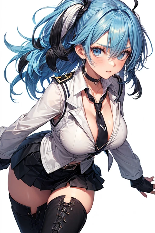 Cute girl, blue hair, blue eyes, black bunny ears, red tie, black bra, big breasts, exposed stomach, tight blue pants