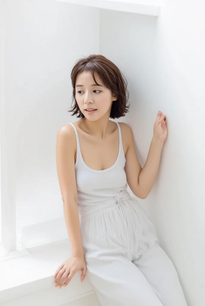 lens: 135mm f1.8,(Highest quality), (Beautiful 24 year old Japanese girl), (Moisturized lips), Narrow eyes, double eyelid,Delicate clavicle,Flat Chest,Very short hair,
(Let me me me me'Let me me me'Let me me'Let me'Let's take another look), shame, A faint smile,
(In front of a white wall:1.2), Professional Lighting,
(Japanese 、Transparent blackVNeck Sleeveless Dress Shirt), (Sunburned skin:0.2),Full body photo、Full Body Focus、Sit upright in a chair、Beautiful legs、Stand up straight、Align your feet、Completely naked