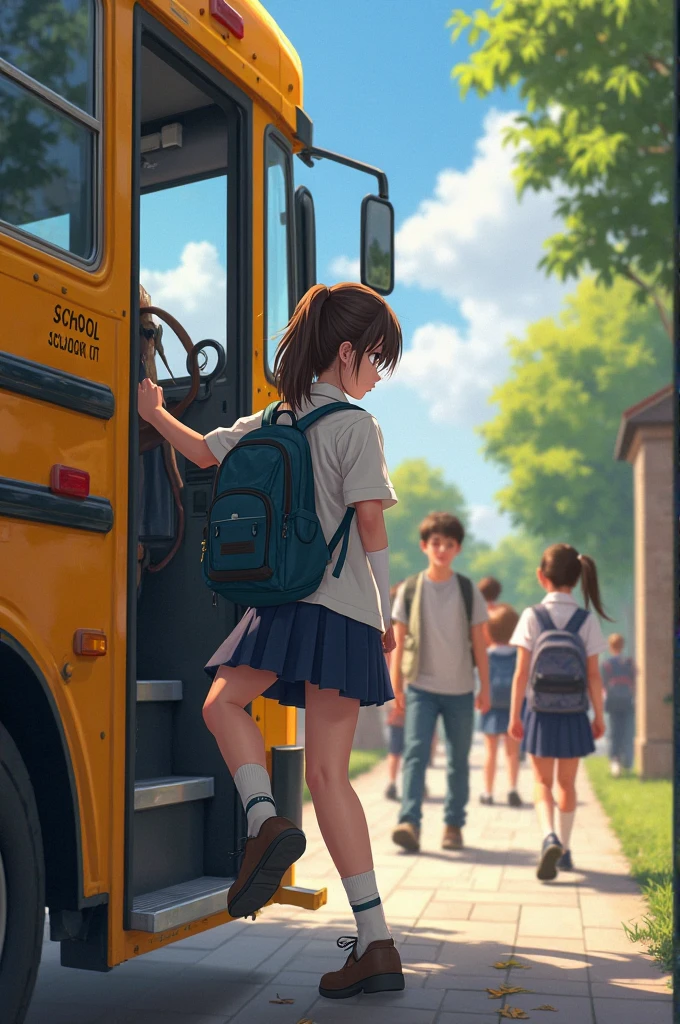Generates a Disney Pixar type image of a white girl with long black hair coming home from school in a uniform and getting off a bus