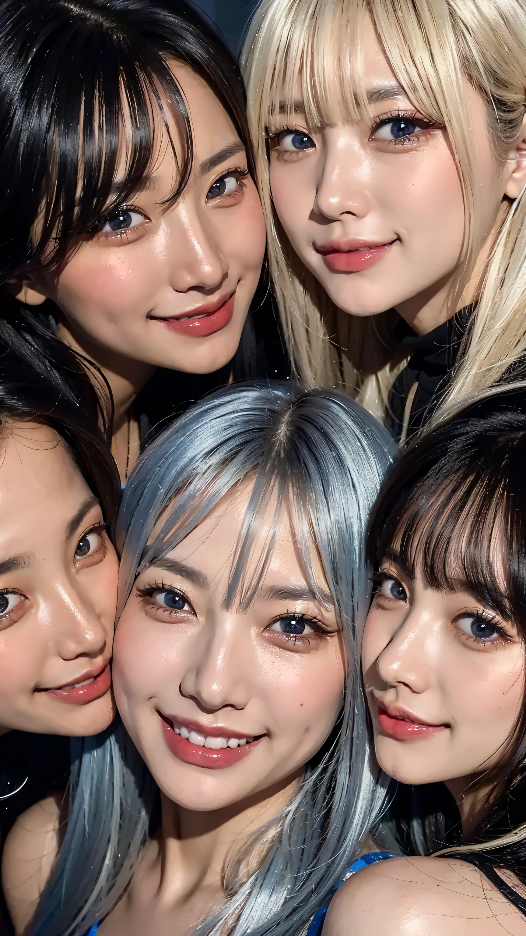 face close-up 8k ,Realistic skin high image quality、 very smiling、 Clear Face、 Clear Face 、I want to make each part beautiful、smile close-up super high image quality 、 eyes match 、staring at me、 I'm looking at close-ups。My Face 、 すべての eyes match、 、I want to get close to beautiful women nearby 、 ,Look at me with a smile , beautiful platinum colored hair 、 pose 、 4 beautiful women looking at me、 I'm watching in close-up、I want to make eye contact with anyone, my lips stick out