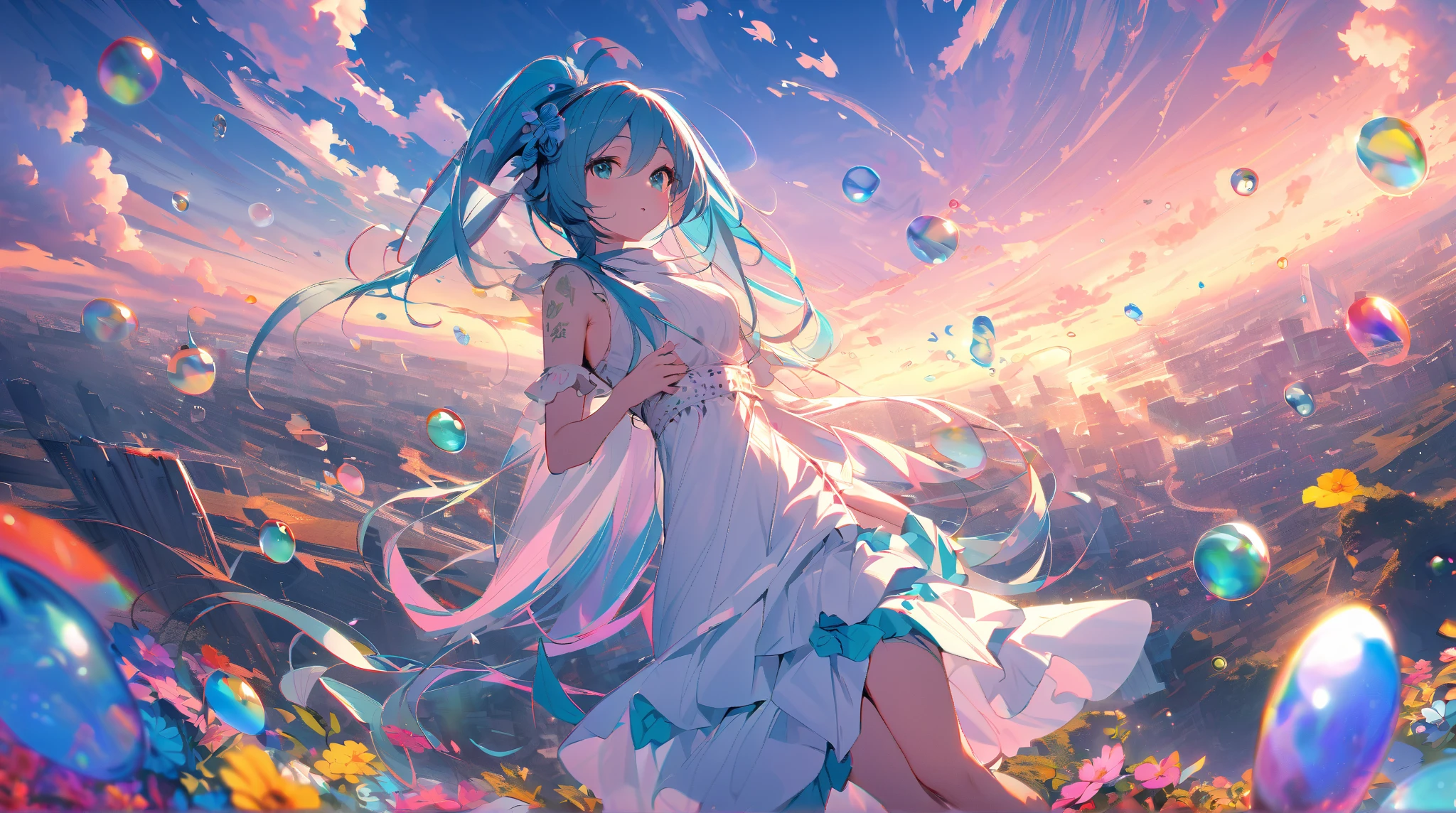 masterpiece, best quality, movie still, 1 elven girl, (Floating in the air), bright, happy, warm soft lighting, sunset, (sparks:0.7), look up from below , solo, large breasts, (whole body ) , blush, very long hair, bangs, light blue hair, hair style is twin tails,hair ornament is flower, pointed ears