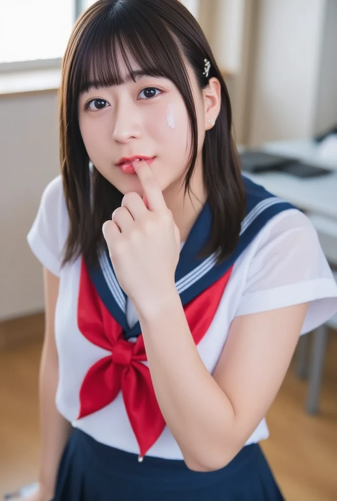 ,Short sleeved white shirt,Red tie,Navy blue mini skirt,Navy blue socks,open mouth,tongue out,cum on tongue,Sitting on a black sofa,looking ahead,from above,flont view,face focus,open mouth,tongue out,(1girl,Beautiful old girl),((Slender,Small breasts,Small face,)),looking at viewer,Black Hair,bangs,one side up,Drooping eyes,Beautiful and detailed,Mischievous smile,Dimly lit room,Simple Background,Gray background,Low lighting