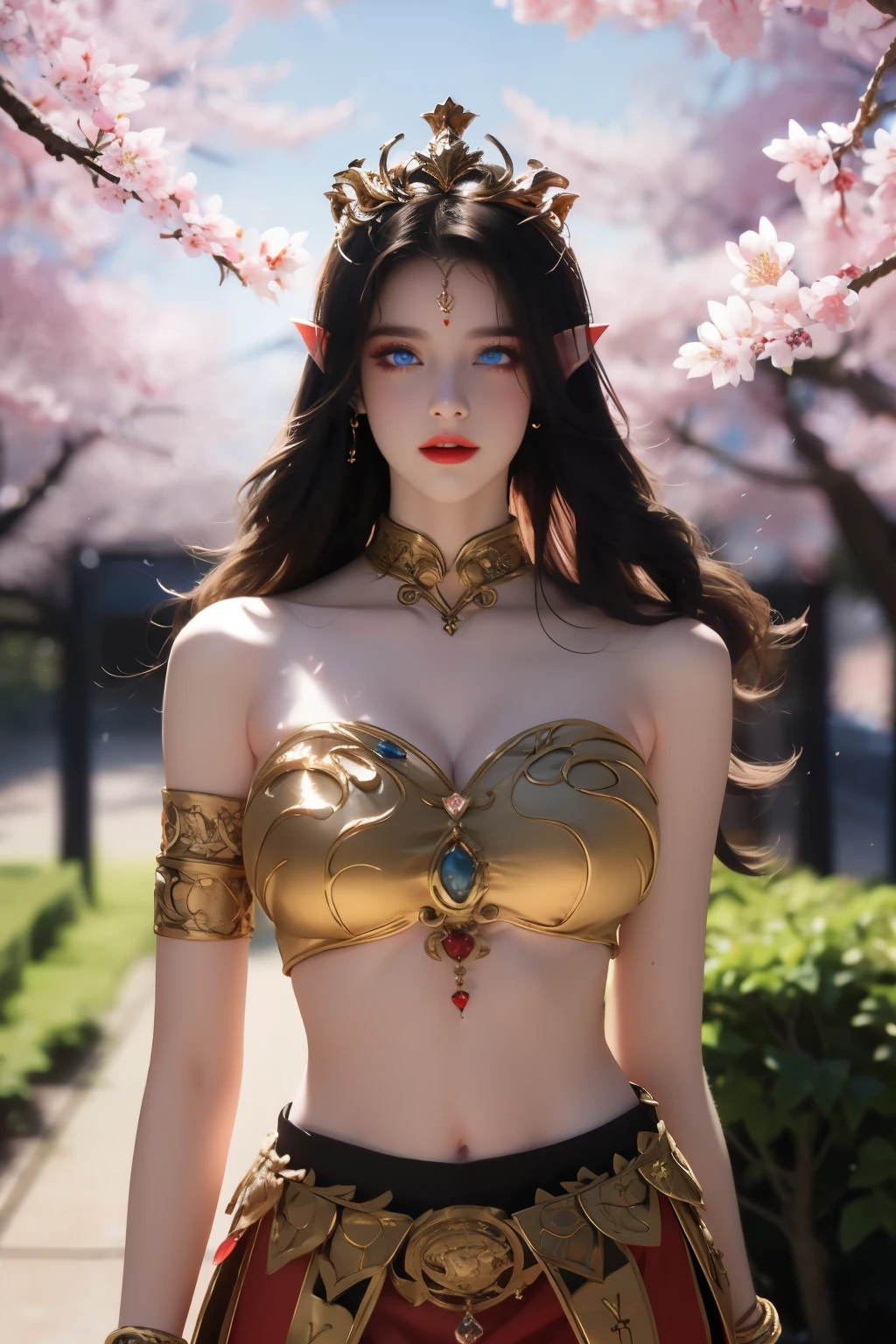 One 20 year old girl, (breast :1.1), navel,upper body,bare shoulders, jewellery,wears small and red tube top,tube top having deep neckline,revealing cleavage,red skirt, blue gems,shiny skin,(mature female),milf,cai lin, deep blue eyes, jet black long hair,ornamental hair, 8k resolution high quality,background: around the garden surrounded by Sakura trees with fluttering sakura petals, from head to thighs, hourglass figure, bare shoulders, exposed midriff, a tilak on her forehead,ornamental logo on her forehead, snake crown, necklace, earings with blue gem, long black hair bangs, pointy ears,golden bracelet,Bright lightening under the sun through sakura canopy. High quality 16k resolution,( HDR :1.5), cinematic look, ultra-detailed,ultra lightening, (photorealistic :1.2), long thin straight eyelashes, dense black eyelashes,sharp eyes, diamond shaped head, straight nose, closed heart shaped lips, pose: hands in hair, looking at viewer