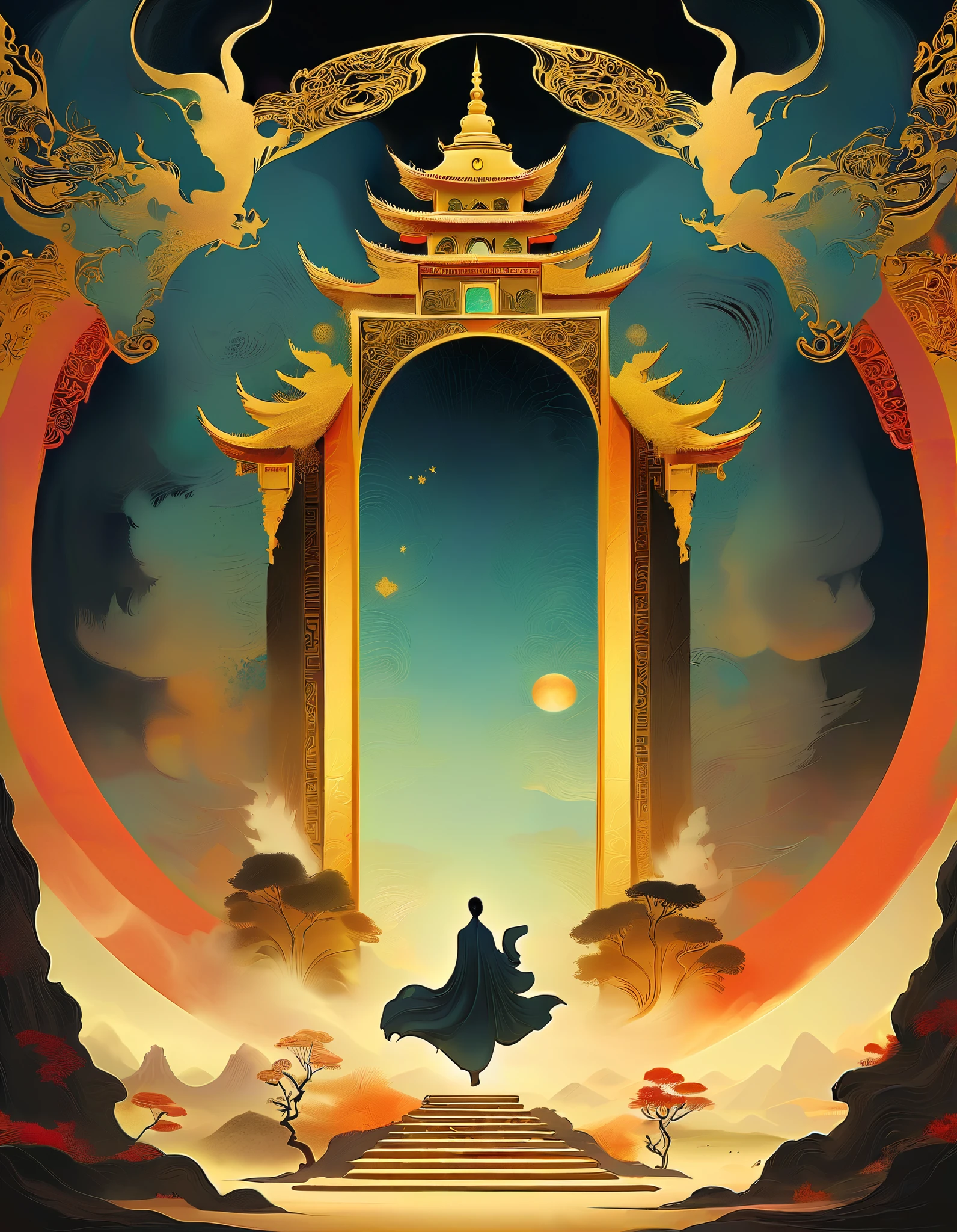 A black portal with gold trim stretches vertically downward from the sky, ,The background is a Dunhuang mural , Minimalist, line art , From foreground to center to spooky smoke, double exposure,transitions from solid color to spooky style , wise and powerful yet calm, rich in details, Psychedelic, dream, drama, classical Chinese style , closed lips , ink painting, fantasy, surrealism, ethereal