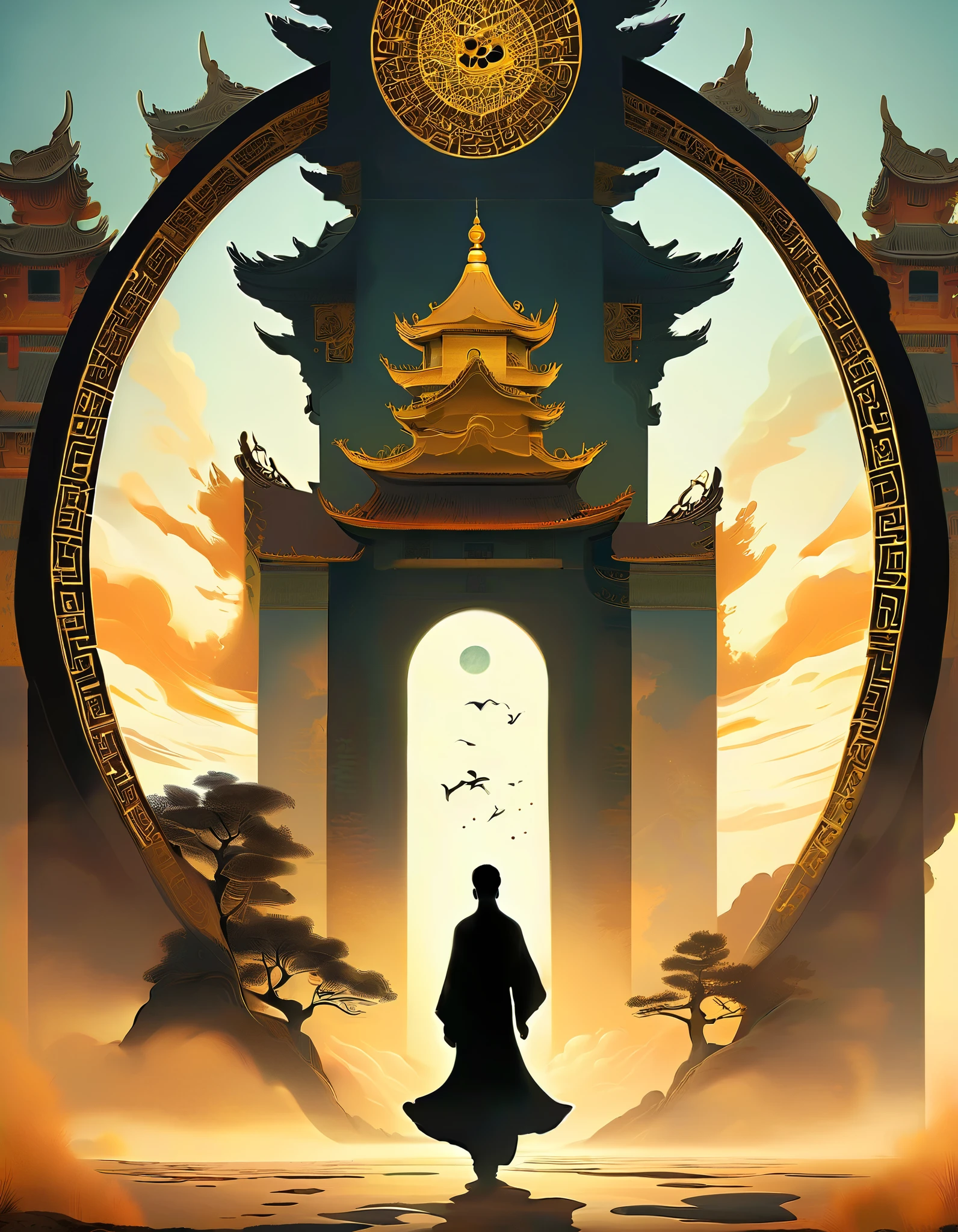 A black portal with gold trim stretches vertically downward from the sky, ,The background is a Dunhuang mural , Minimalist, line art , From foreground to center to spooky smoke, double exposure,transitions from solid color to spooky style , wise and powerful yet calm, rich in details, Psychedelic, dream, drama, classical Chinese style , closed lips , ink painting, fantasy, surrealism, ethereal
