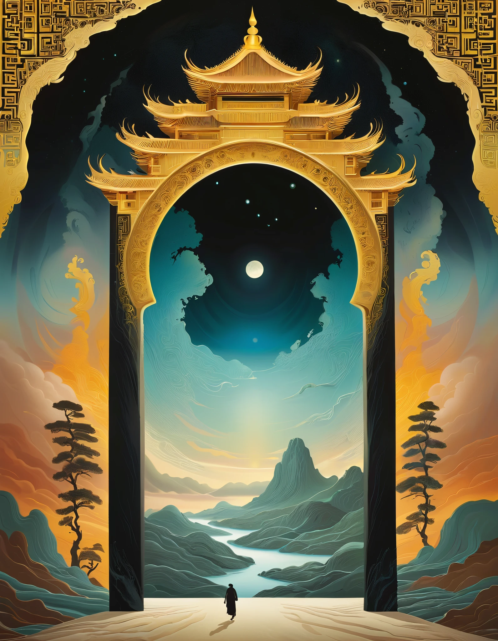A black portal with gold trim stretches vertically downward from the sky, ,The background is a Dunhuang mural , Minimalist, line art , From foreground to center to spooky smoke, double exposure,transitions from solid color to spooky style , wise and powerful yet calm, rich in details, Psychedelic, dream, drama, classical Chinese style , closed lips , ink painting, fantasy, surrealism, ethereal