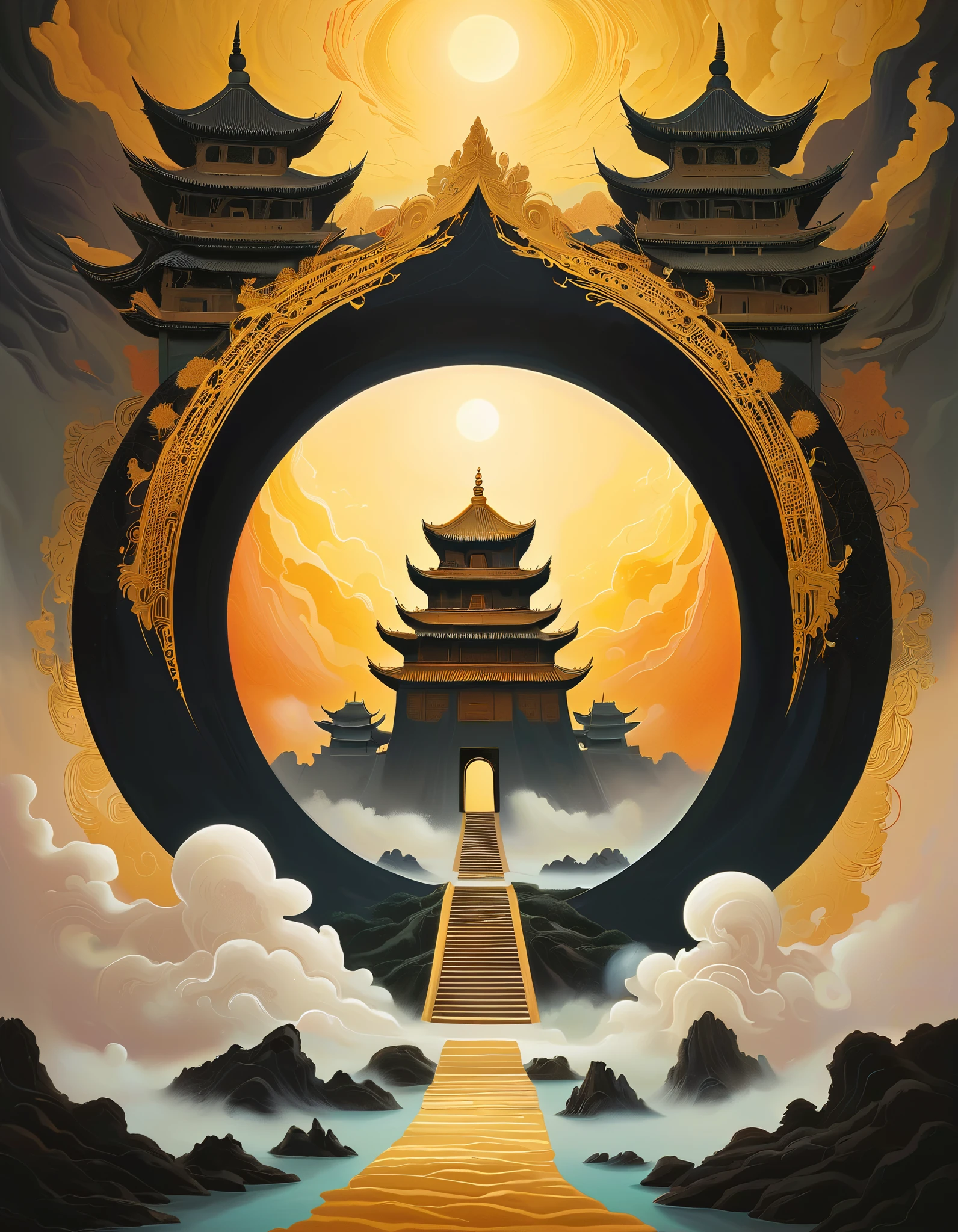  A black portal with gold trim stretches vertically downward from the sky, ，The background is a Dunhuang mural ,  Minimalist,  line art , From foreground to center to spooky smoke,   double exposure，transitions from solid color to spooky style , wise and powerful yet calm,  rich in details, Psychedelic, dream, drama,  classical Chinese style ,  closed lips ,  ink painting,  fantasy, surrealism, ethereal