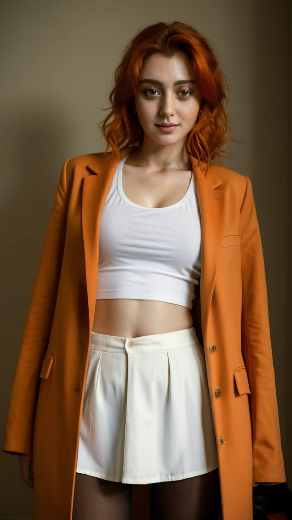 A hyper-realistic, super detailed photo of a redhead woman model during a professional photoshoot. She has vibrant red hair styled elegantly, and she is wearing stylish orange clothes that complement her hair. The setting is a high-end studio with professional lighting, highlighting her features and the texture of her outfit. She is posing confidently like a model, with one hand on her hip and the other slightly raised, showcasing her outfit and striking a powerful pose. The background is clean and minimalist, focusing all attention on her. The photo captures every detail, from the fabric of her clothes to the shine in her hair, creating a lifelike and realistic image.