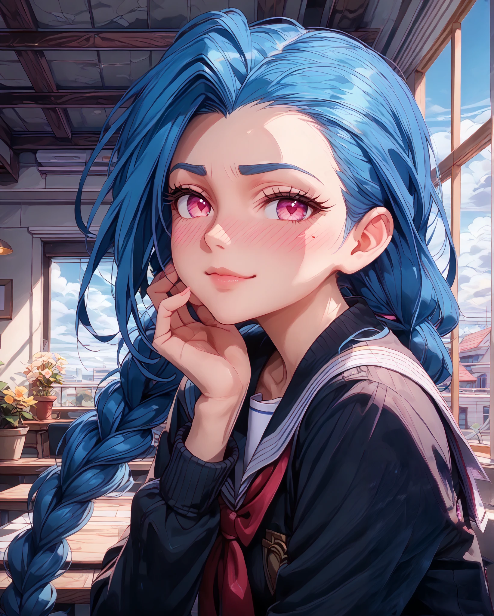 Close-up, Near distance, Score_9, Score_8_up, Score_7_up, Score_6_up, Score_5_up, Score_4_up, Tag1, Tag2, Quality_masterpiece, Absurd res, Anatomically correct, Beautiful face, Perfect face, Highly detailed beautiful face and eyes, Attractive face, Detailed face, Delicate facial features,high detail face, Detailed skin, hyper realistic ,high definition detail, Amazing work , wallpaper, screencap, masterpiece, high resolution, best quality ,8k ( Jinx from league ) (Blue Hair) (Black clothes) (pink eyes) (long hair) (school girl uniform) braided hair, 1girl, look at you, look of disinterest, room, rooftop, midnight, , blushing, ebarrasing, alone, high purity eyes, concentrated , look of disinterest, thinking, look at you, mature, look of empowerment, (love blush:1.5) half closed eyes, serious, stroking with her own hair, full body,2 arms, 2 fingers, lewd smile