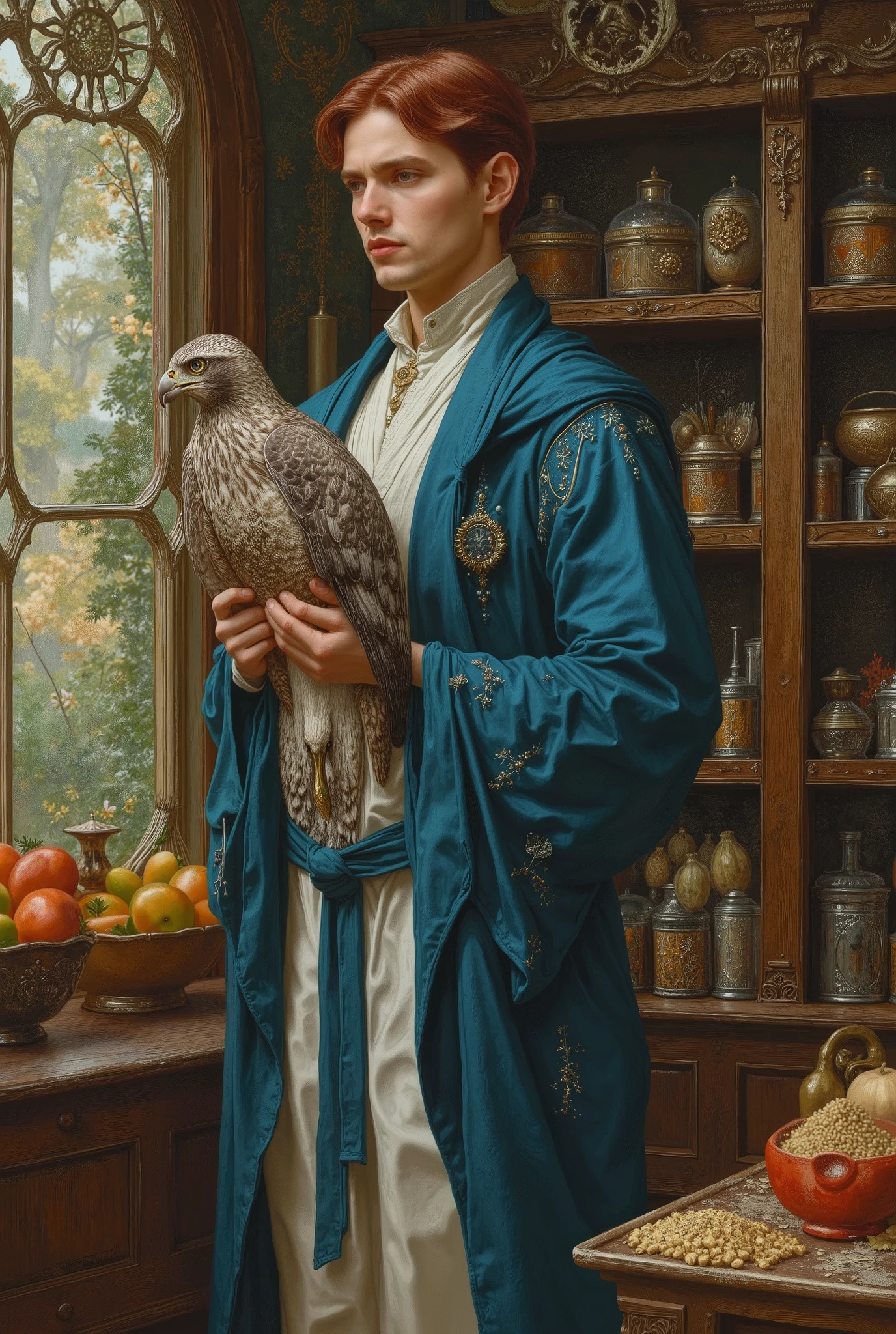 ((fullbody))in jc leyendecker and paul cadmus art style, "the healer", fullbody, close up big grey hawk , perfect anatomy, the merchant, shelves with HERBS, FRUITS, LITTLE BOXES, VEGETABLES, GRAINS, DUMBBELLS , reach intricate background LARGE WINDOWS TO SEE THE GARDEN, realism close up portrait, oil painting, masterpiece, shadows, expert, insanely detailed, 4k resolution, caravaggio, john william waterhouse, By Caravaggio colours, chiaroscuro, mtg, dnd, fantasy, Watercolor, trending on artstation, sharp focus, studio photo, intricate details, highly detailed, by greg rutkowski. Young wizard man, Handsome, sexy in a rich deep azure blue outfit, tunic style that leaves your abdomen exposed. Burgundy, Center Part Mullet, Curtain Mullet hair