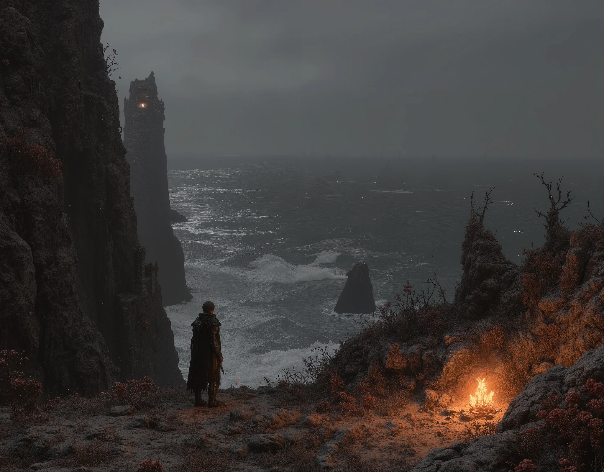 Setting of Darksouls 2. dark. a cliff . Cliff looking out to sea. ROUGH SEA. Shiny sea. bonfire. bonfire esta encriptando. brown floor. few flowers. dry trees. high cliff . Stone towers in the sea. distant sea. Sea from above. Darksouls 2. exometric vision. beautiful. Just infertile.