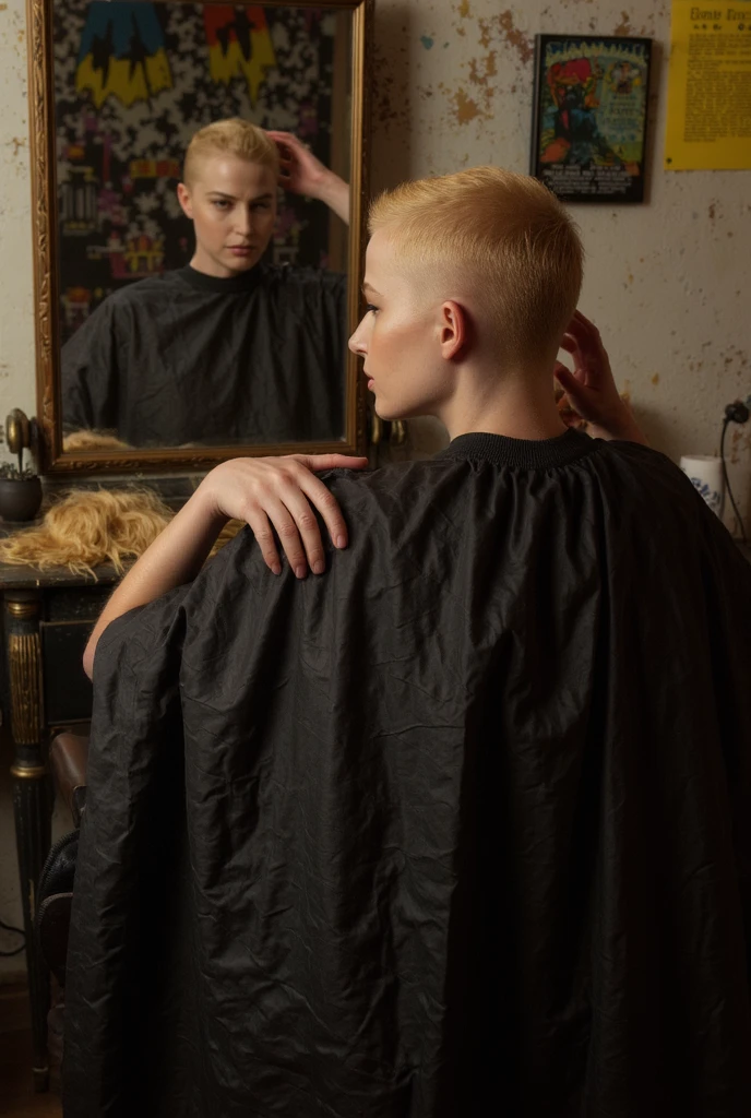 A portrait of a blonde woman named st3v13 with a buzzcut and a serious expression. Dramatic lighting casts down upon her as she sits in a classic barber chair, a black hairdressing cape draped over her as she looks into a mirror. Fallen blond hair is scattered across the cape. She is posing with her hand on the back of her head.