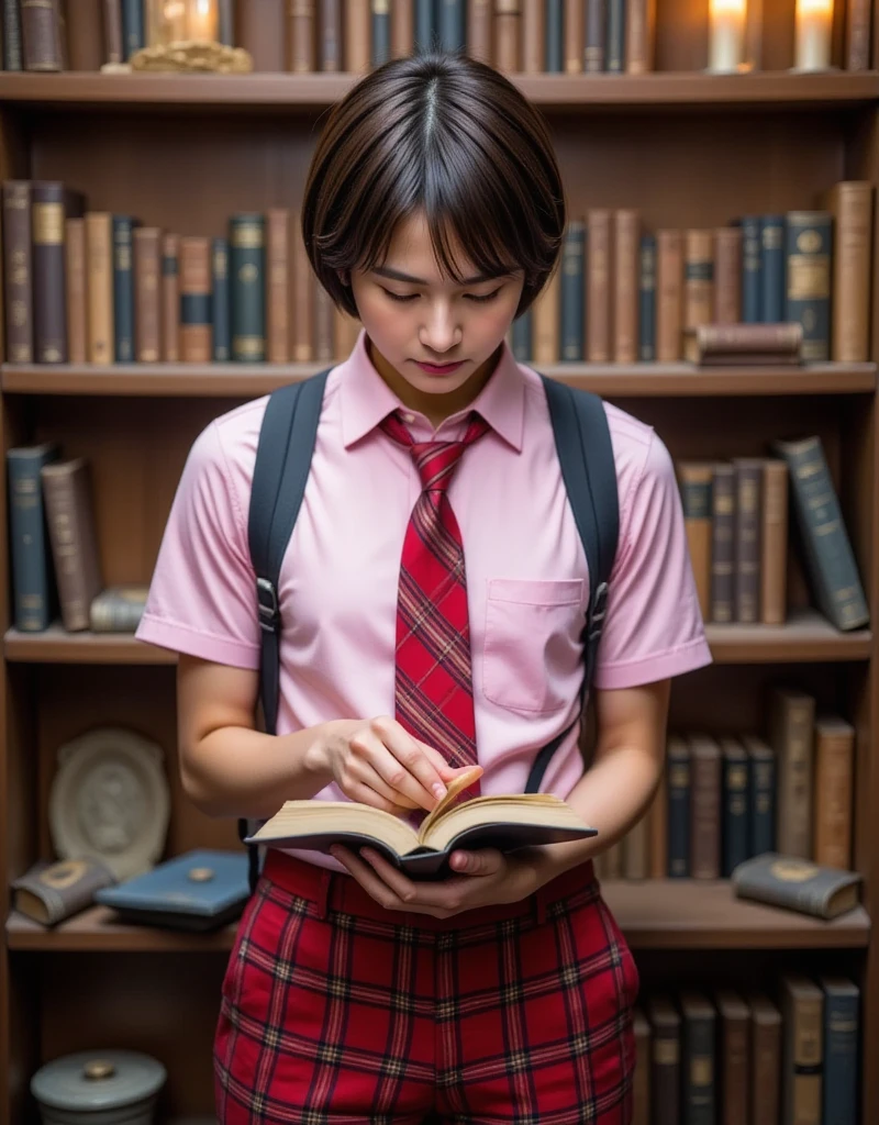 A Glitch-Art style, Mysterious Transfer Student, Harry Potter in Hogwarts library, reading a magical book, ((( school uniform, red tie, Short sleeve pink collar shirt))), (red plaid pleated pent, :1.37), holds an ancient scythe, military waist pouch, spells in the air, vibrant and dramatic colors, warm lighting, magical atmosphere, swirling spell effects, cozy candle-lit background with ancient tomes and parchment, enchanted artifacts scattered around, detailed medieval attire, ultra-detailed, HD, high depth cinematic masterpiece.