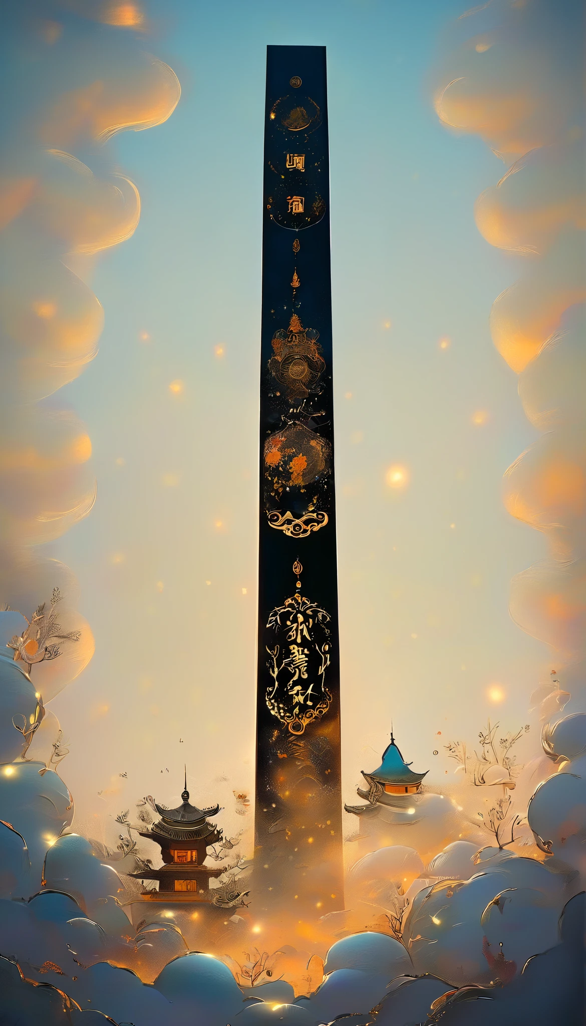 A black portal with gold trim stretches vertically downward from the sky, ,The background is a Dunhuang mural , Minimalist, line art , From foreground to center to spooky smoke, double exposure,transitions from solid color to spooky style , wise and powerful yet calm, rich in details, Psychedelic, dream, drama, classical Chinese style , closed lips , ink painting, fantasy, surrealism, ethereal
