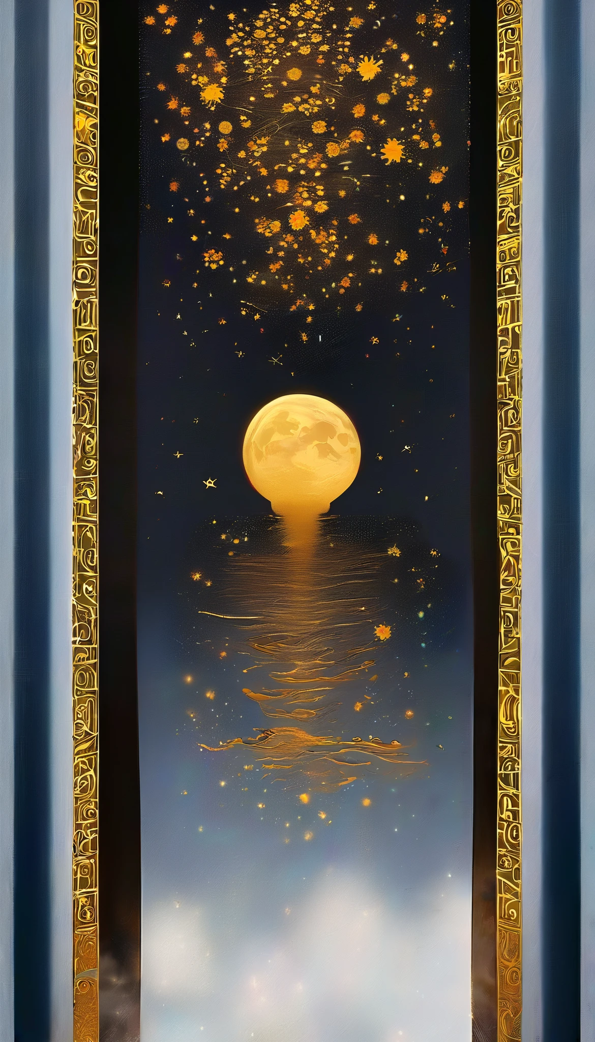 A black portal with gold trim stretches vertically downward from the sky, ,The background is a Dunhuang mural , Minimalist, line art , From foreground to center to spooky smoke, double exposure,transitions from solid color to spooky style , wise and powerful yet calm, rich in details, Psychedelic, dream, drama, classical Chinese style , closed lips , ink painting, fantasy, surrealism, ethereal
