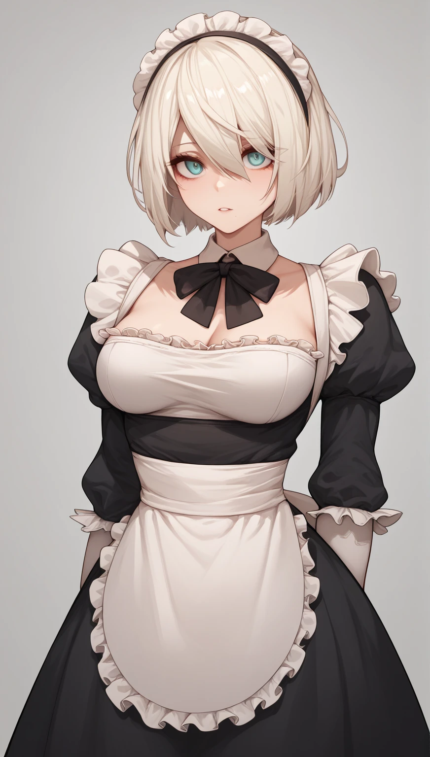 Mature woman, short hair, tidy hair, white hair, mature face, hot face, azure eyes, big breasts, curvy body, glossy lips, expressionless face, ((formal maid outfit)), (maid clothes), ((bedroom)), (lifting skirt), visible lingerie, cold stare, cold gaze