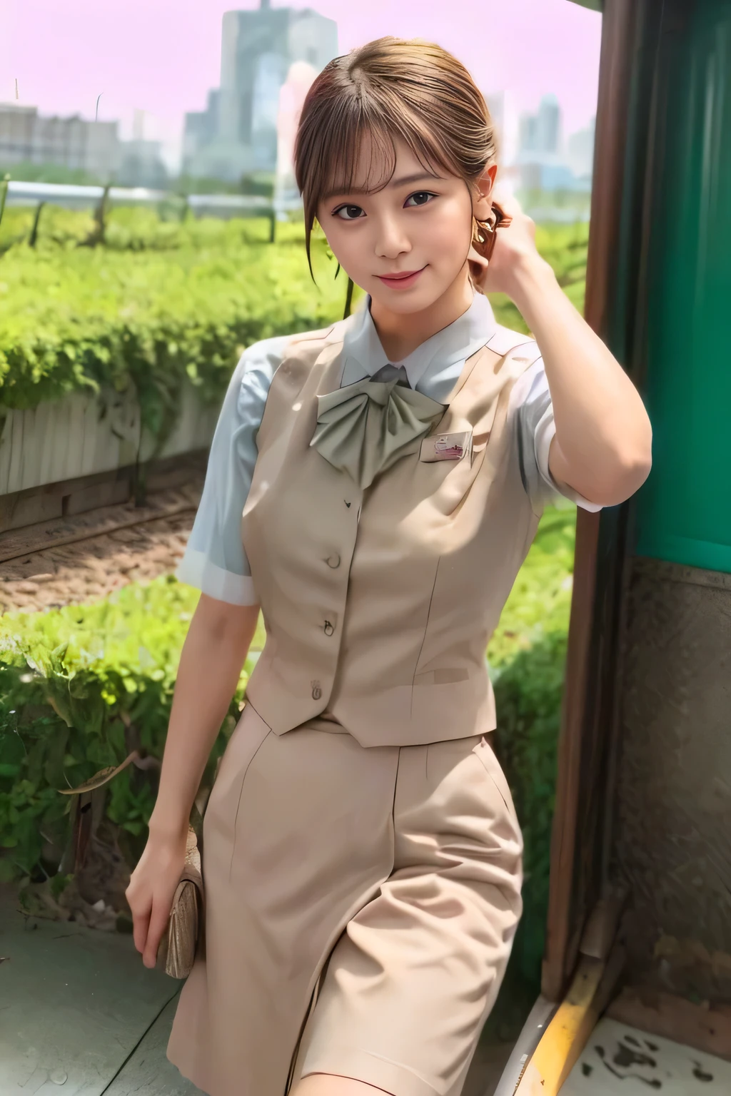 (masterpiece:1.2, Best Quality:1.2), 32kHDR, Hi-Res, (alone、1 girl)、(Rooftop of a building during the day、professional lighting)、Building rooftop background、(JR WOMAN TRAIN CREW UNIFORM BEIGE REAL STYLE)、((JR Woman Train Crew Uniform Beige Light Blue Blouse Short Sleeve 、 above knee culotte skirt、 beige vest、 scarf))、dark brown hair、(long hair、 with hair tied up、 with hair tied up)、dark brown hair、Long Hit、big breasts、 Read more、(( amazing hands:2.0)),((A harmonious body shape:1.5)),((Normal limbs:2.0)),((Usually refers to:2.0)),(( Delicate Eyes:2.0)),((Normal eyes:2.0)))、smile、(JR Woman Train crew uniform beigeのabove knee culotte skirtを見せた美しい立ち姿)、Hands clasped underneath