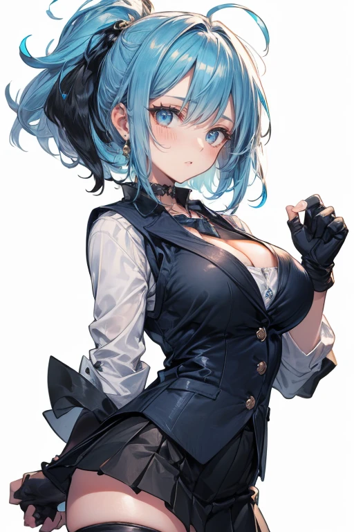 Ultra-detailed,(Best quality),((Masterpiece)),(A high resolution),Original,extremely,  1girll, Solo, Blue eyes, mitts, multicolored hair, Breasts, Red hair, Simple background, Smile, view the viewer, dress, Striped hair, hand on hips, cleavage, Short hair, hair between eye, Pink gloves, bangs, hair adornments, clothing cutout, Bare shoulders, whaite hair, two tone color hair,Closed mouth, double-breasted, Elbow gloves, Medium breasts, macarons, Dresses in transparent colors, belt,