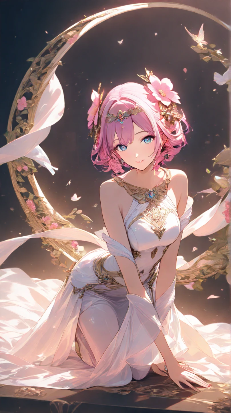 1boy, feminine, girlish face, short hair, pink hair, green eyes, olive skin, full lips, fuller lips, tall, divine, seductive, confident, benevolent, cute, pink, white, deviant, ancient greek clothes, gold circlet, solo, flat chest, resting in a golden field, seductive smile, seductive eyes, Blush, Nose Blush, Makeup, Smirk