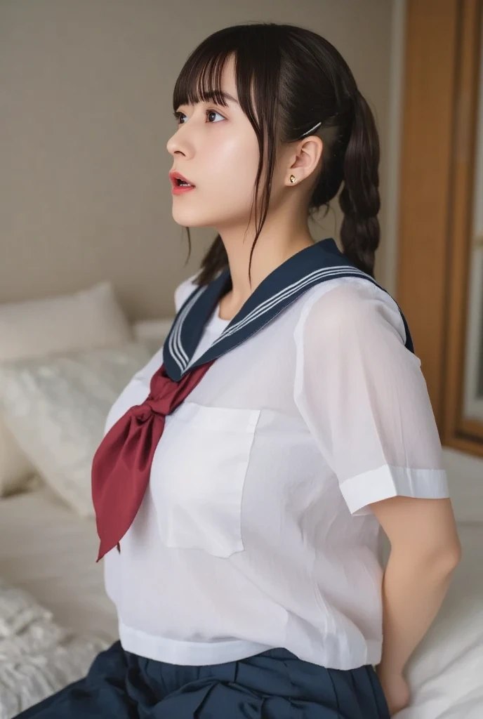 (((perfect anatomy, anatomically correct, super detailed skin))), 1 girl, japanese, high school uniform, from front, shiny skin, detailed hair, detailed face, detailed eyes, (long hair:1.5, brunette hair:1.7), bangs, hair between eye, light brown hair, brown eyes, babyface, mole under eye, lip gloss, beautiful clavicle, beautiful body, beautiful breasts, beautiful thighs, beautiful legs, camel toe, ((detailed cloth texture, short sleeves, all dark blue cute sailor suit, dark blue pleated skirt, dark blue sailor collar, ((red sailor scarf)), white socks, brown loafers)), white panties, beautiful scenery, summer, lying on back, ((close eyes)), (sleeping), in the bed, (8k, top quality, masterpiece:1.2, extremely detailed), (realistic, photorealistic:1.4), beautiful illustration, natural lighting, (semen on forehead:1.2), (semen on head:1.4), (semen on thighs:1.8),